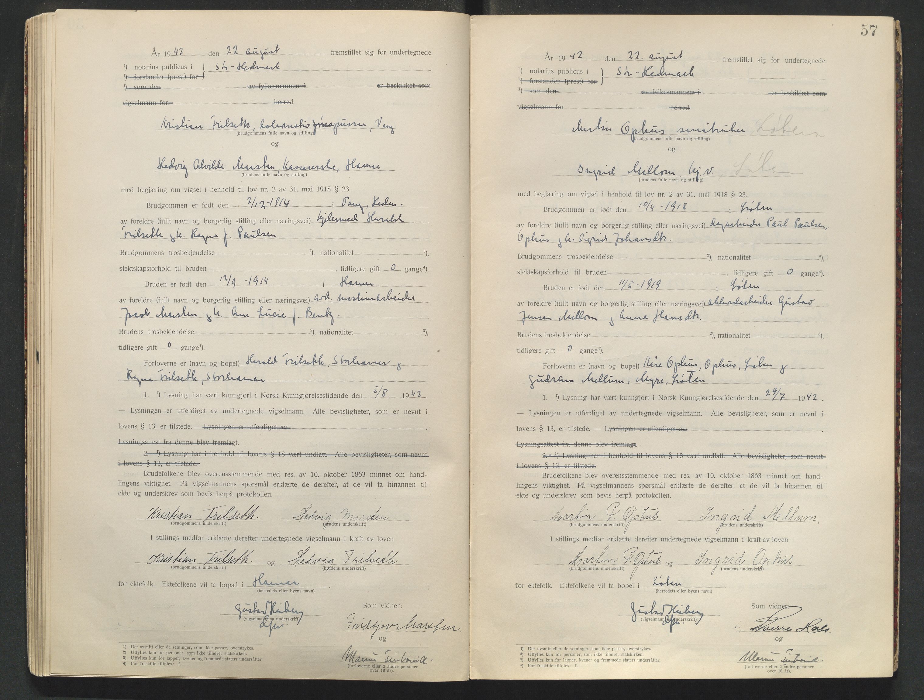 Sør-Hedmark sorenskriveri, AV/SAH-TING-014/L/Le/L0001/0002: Vigselbøker / Vigselbok, 1938-1942, s. 57