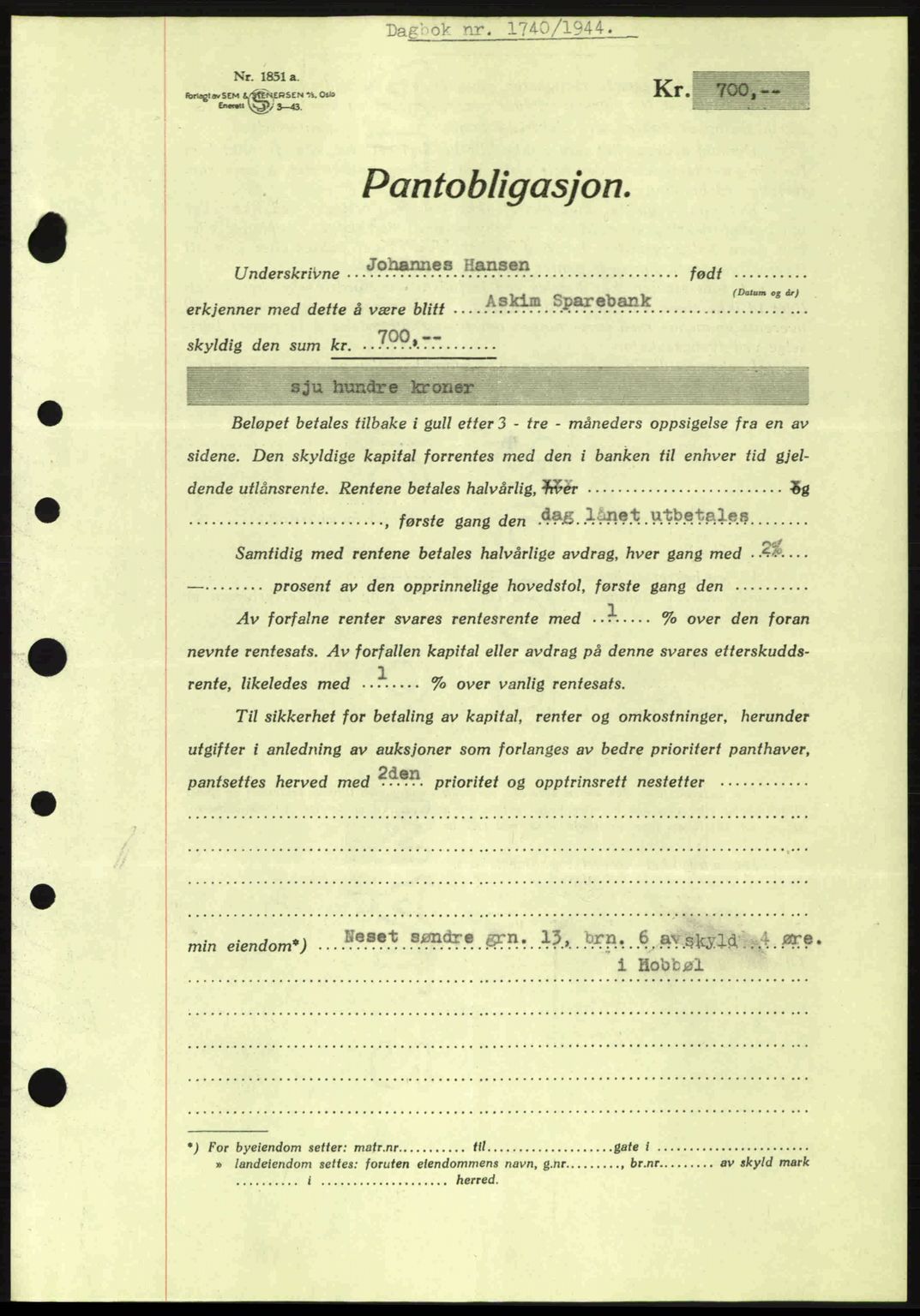Moss sorenskriveri, SAO/A-10168: Pantebok nr. B13, 1943-1945, Dagboknr: 1740/1944
