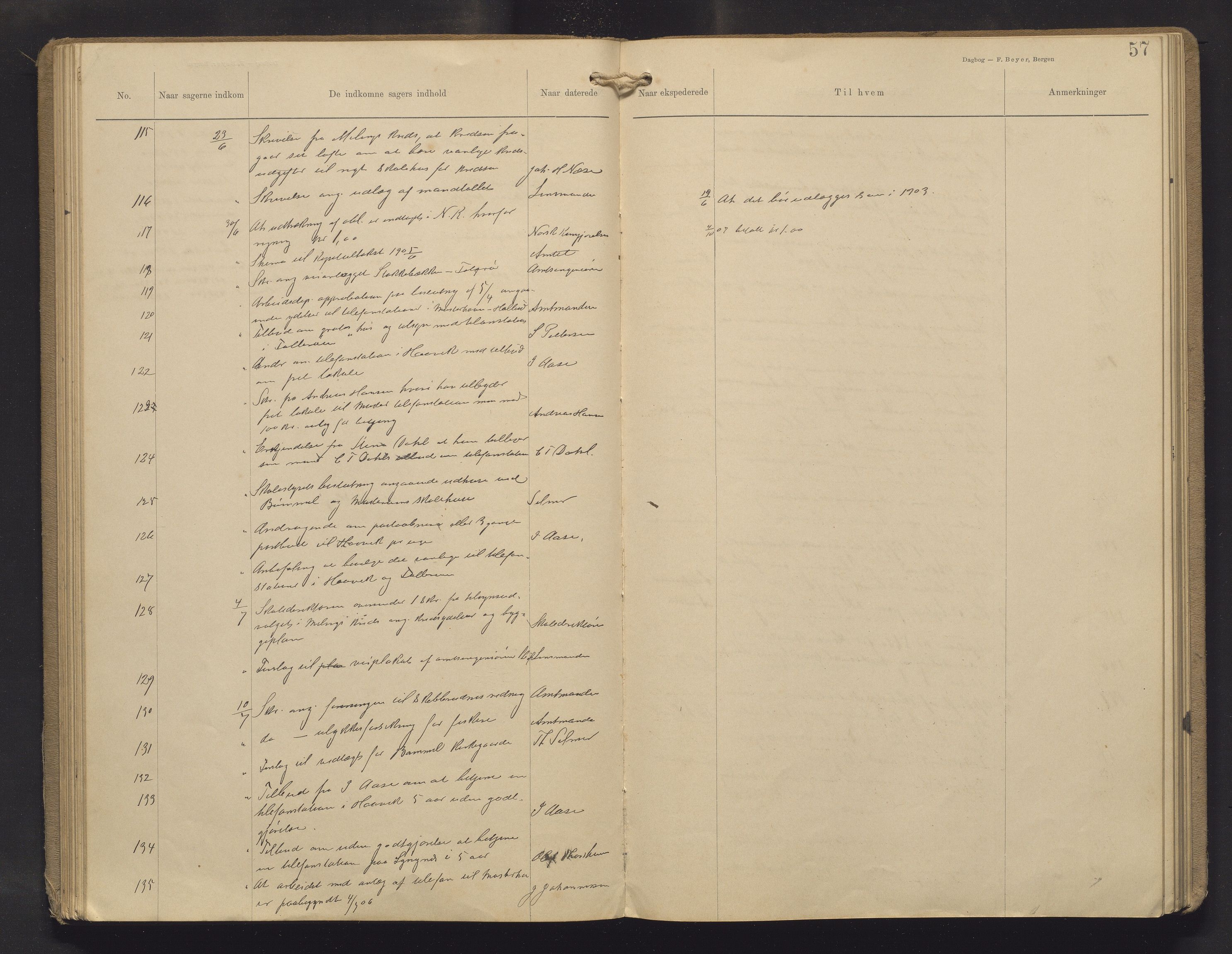 Finnaas kommune. Formannskapet, IKAH/1218a-021/C/Ca/L0003: Postjournal for formannskapet, 1902-1914, s. 57