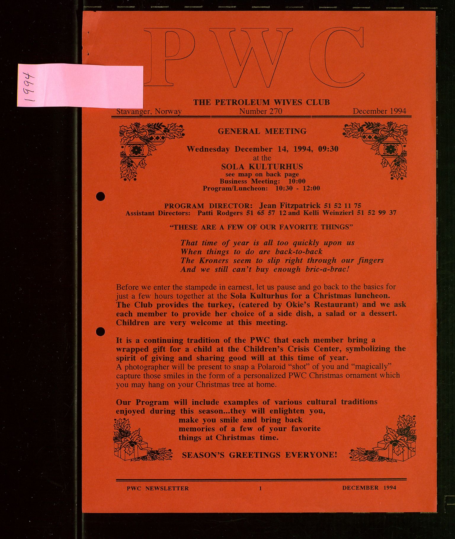 PA 1547 - Petroleum Wives Club, AV/SAST-A-101974/X/Xa/L0003: Newsletter, 1988-1994