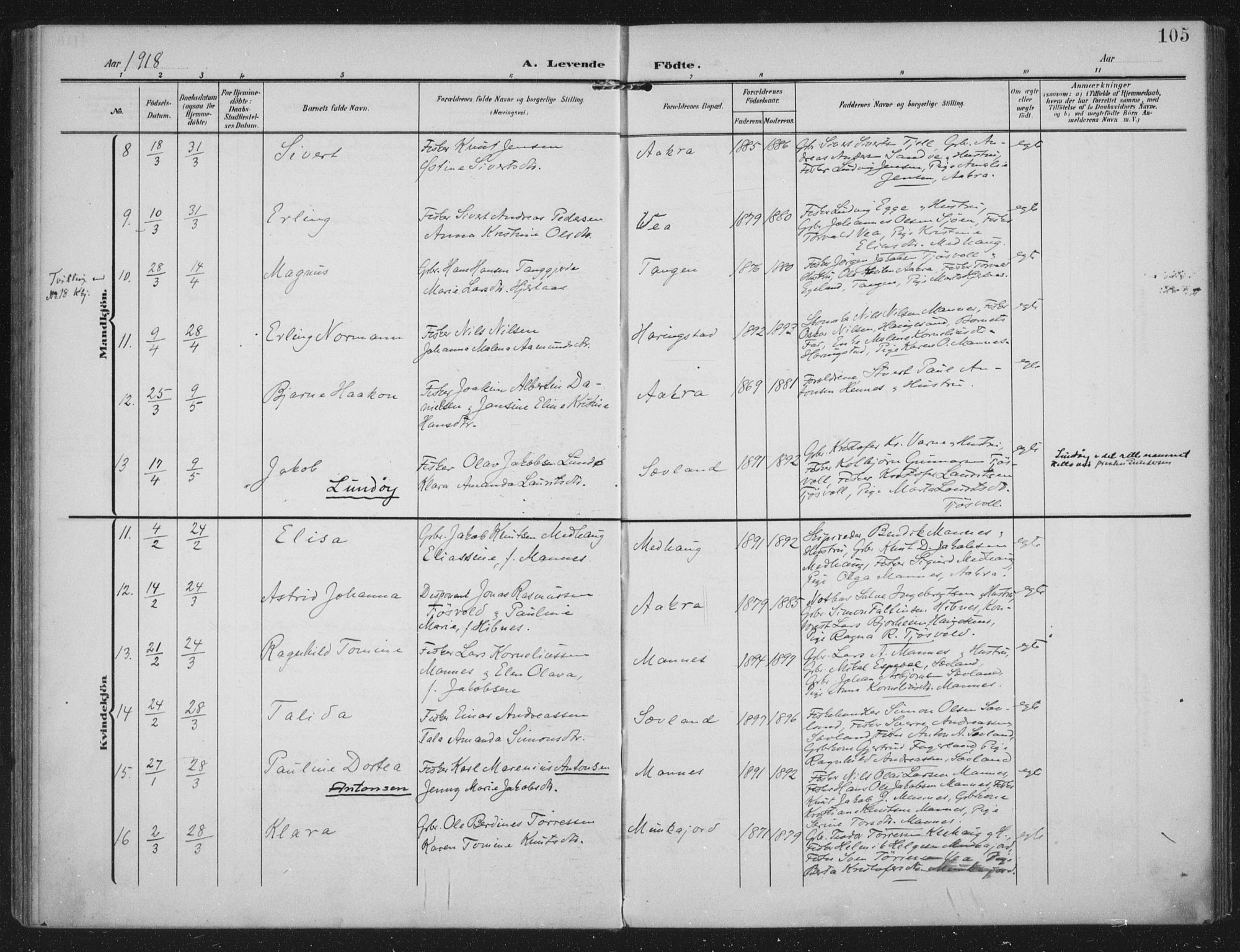 Kopervik sokneprestkontor, AV/SAST-A-101850/H/Ha/Haa/L0005: Ministerialbok nr. A 5, 1906-1924, s. 105