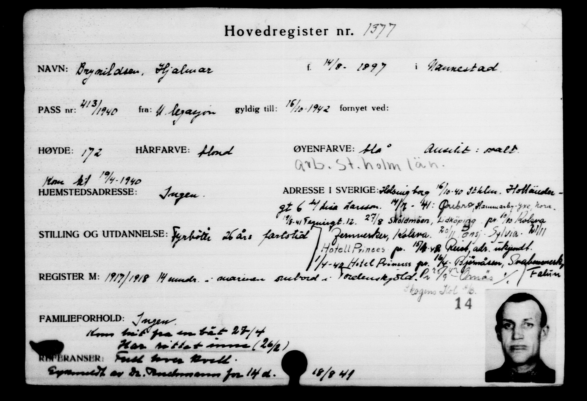 Utenriksstasjonene, Legasjonen i Stockholm, Flyktningkontoret, AV/RA-S-6753/V/Va/L0002: Kjesäterkartoteket, flyktninger med registreringsnr. 1001-2000, 1940-1945, s. 541
