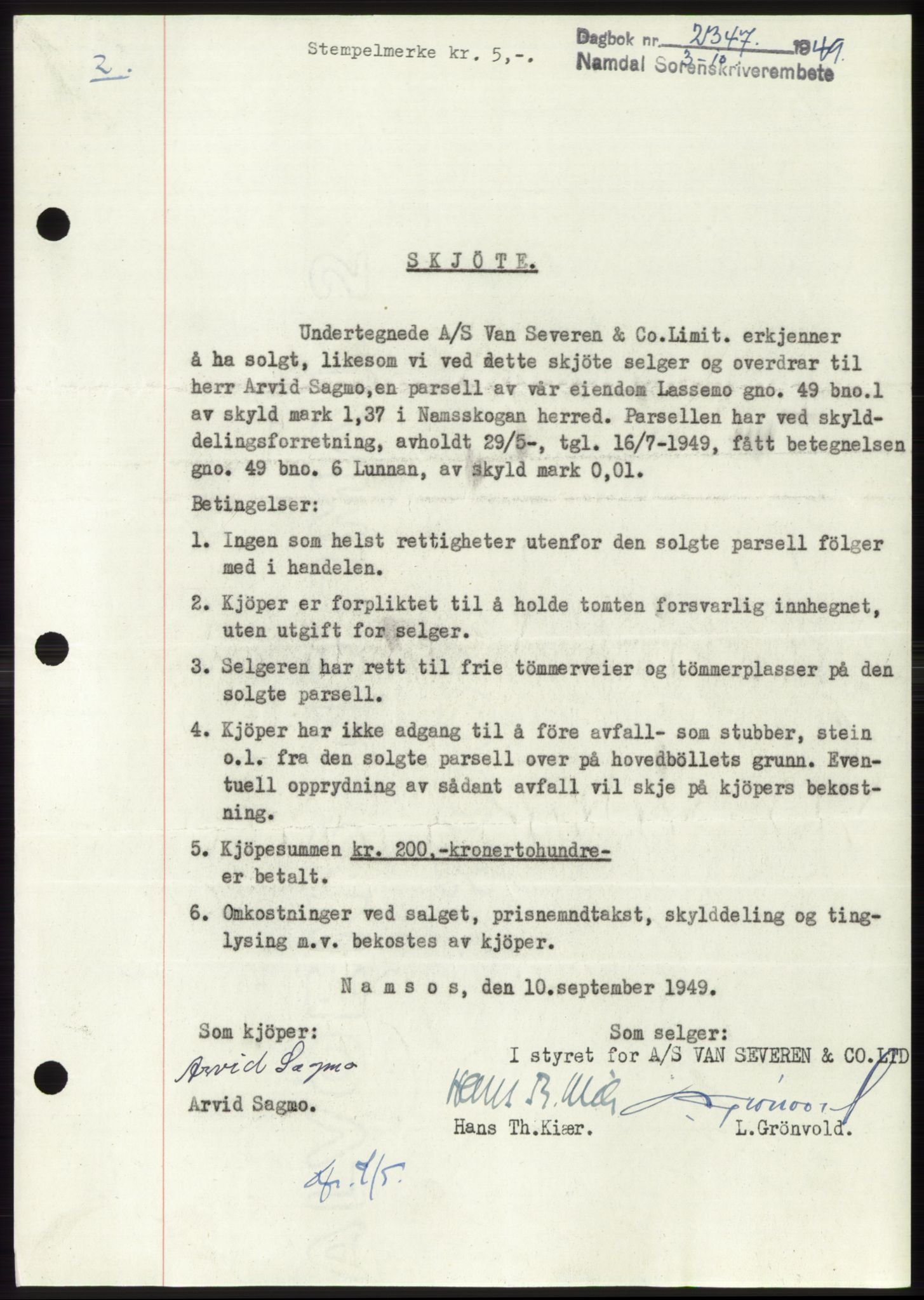 Namdal sorenskriveri, SAT/A-4133/1/2/2C: Pantebok nr. -, 1949-1949, Dagboknr: 2347/1949