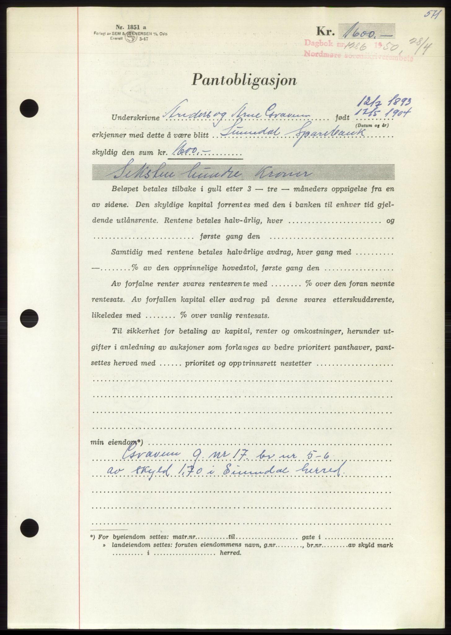 Nordmøre sorenskriveri, AV/SAT-A-4132/1/2/2Ca: Pantebok nr. B104, 1950-1950, Dagboknr: 1286/1950