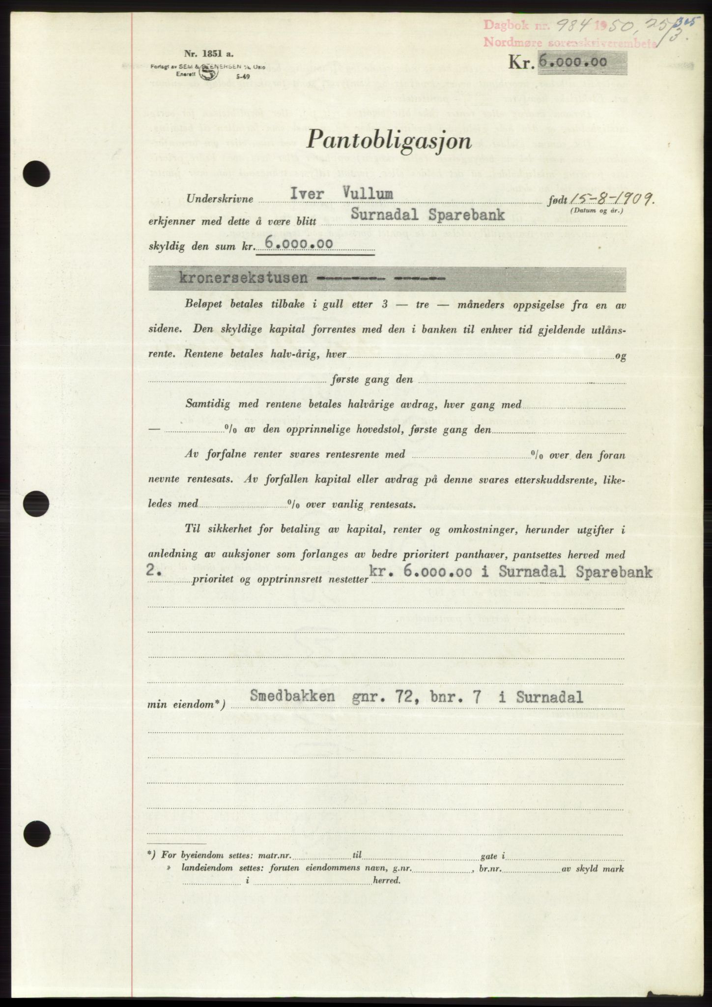 Nordmøre sorenskriveri, SAT/A-4132/1/2/2Ca: Pantebok nr. B104, 1950-1950, Dagboknr: 984/1950