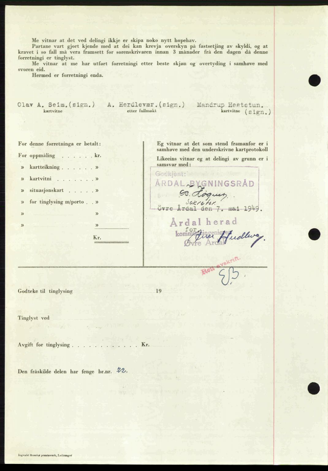 Indre Sogn tingrett, AV/SAB-A-3301/1/G/Gb/Gbb/L0010: Pantebok nr. A10, 1949-1949, Dagboknr: 350/1949