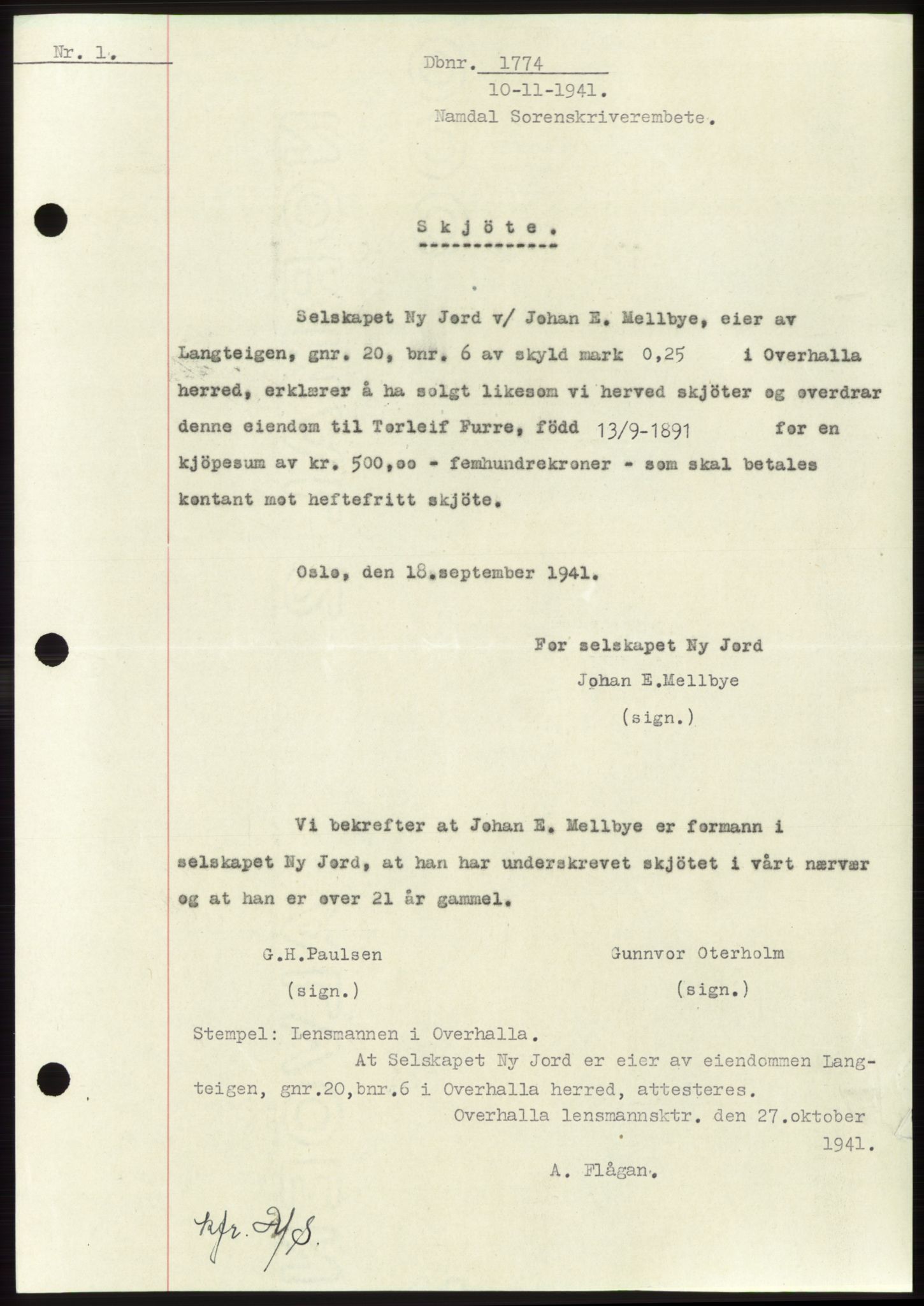 Namdal sorenskriveri, SAT/A-4133/1/2/2C: Pantebok nr. -, 1941-1942, Dagboknr: 1774/1941