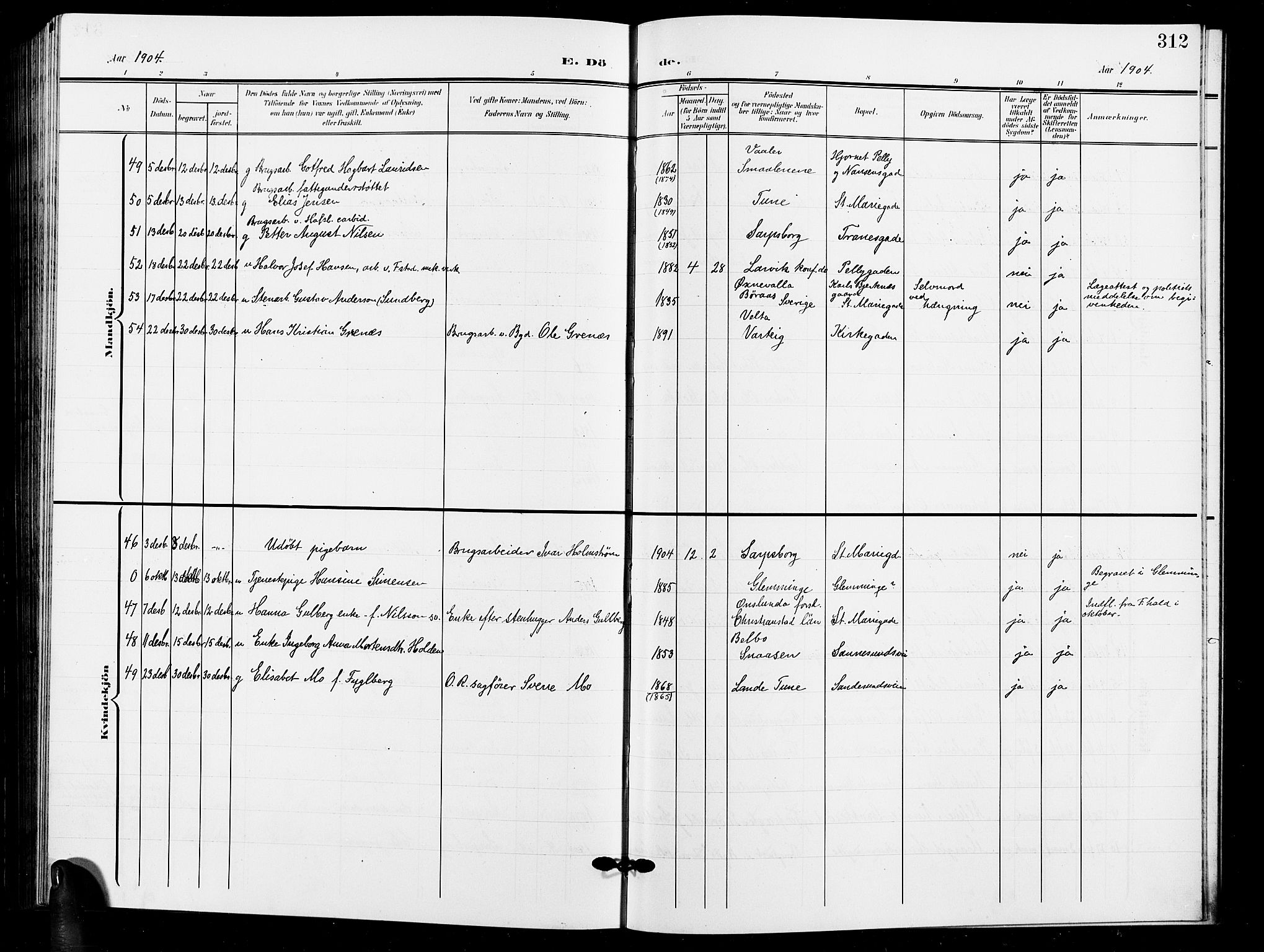 Sarpsborg prestekontor Kirkebøker, AV/SAO-A-2006/G/Ga/L0001: Klokkerbok nr. 1, 1902-1911, s. 312