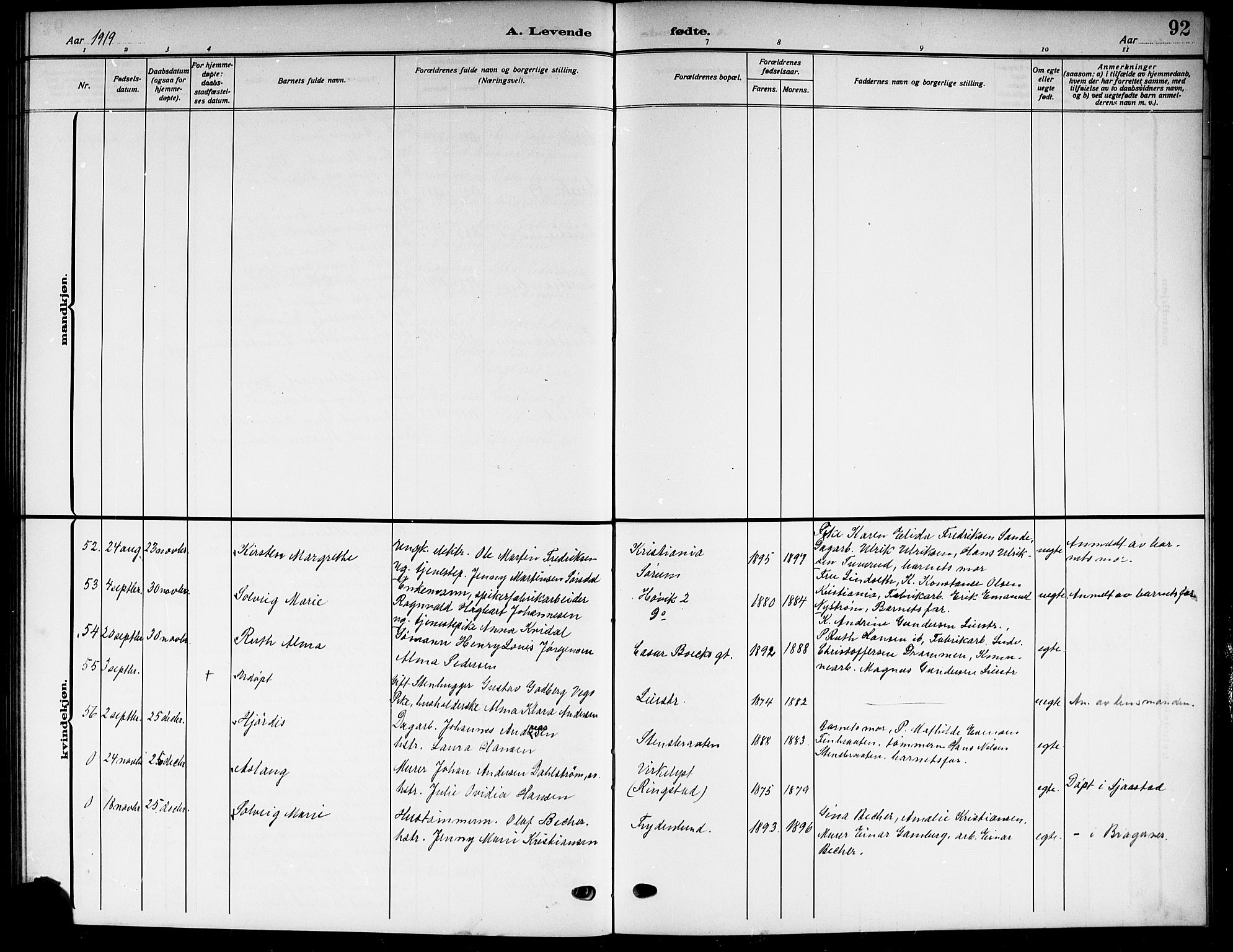 Lier kirkebøker, AV/SAKO-A-230/G/Gb/L0003: Klokkerbok nr. II 3, 1911-1919, s. 92