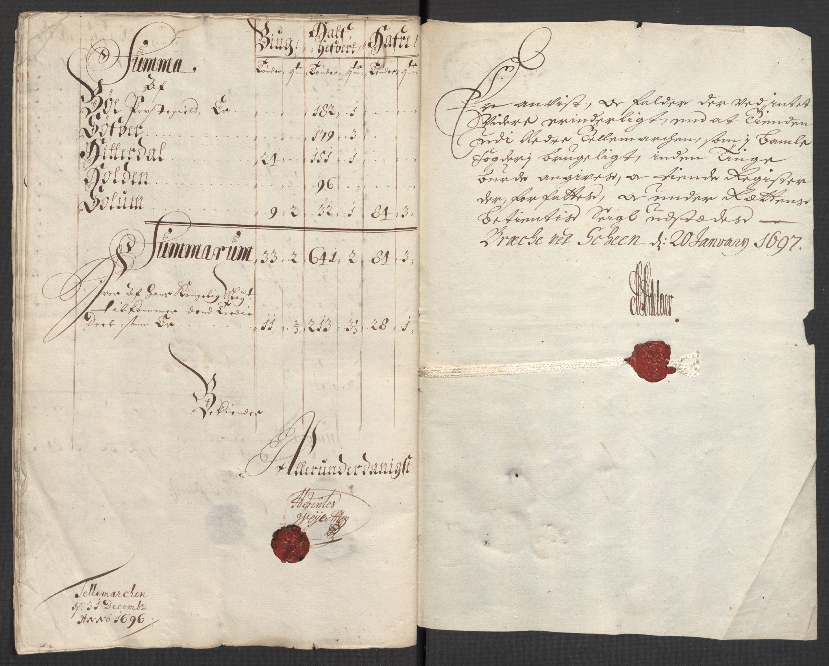 Rentekammeret inntil 1814, Reviderte regnskaper, Fogderegnskap, AV/RA-EA-4092/R36/L2094: Fogderegnskap Øvre og Nedre Telemark og Bamble, 1696, s. 42