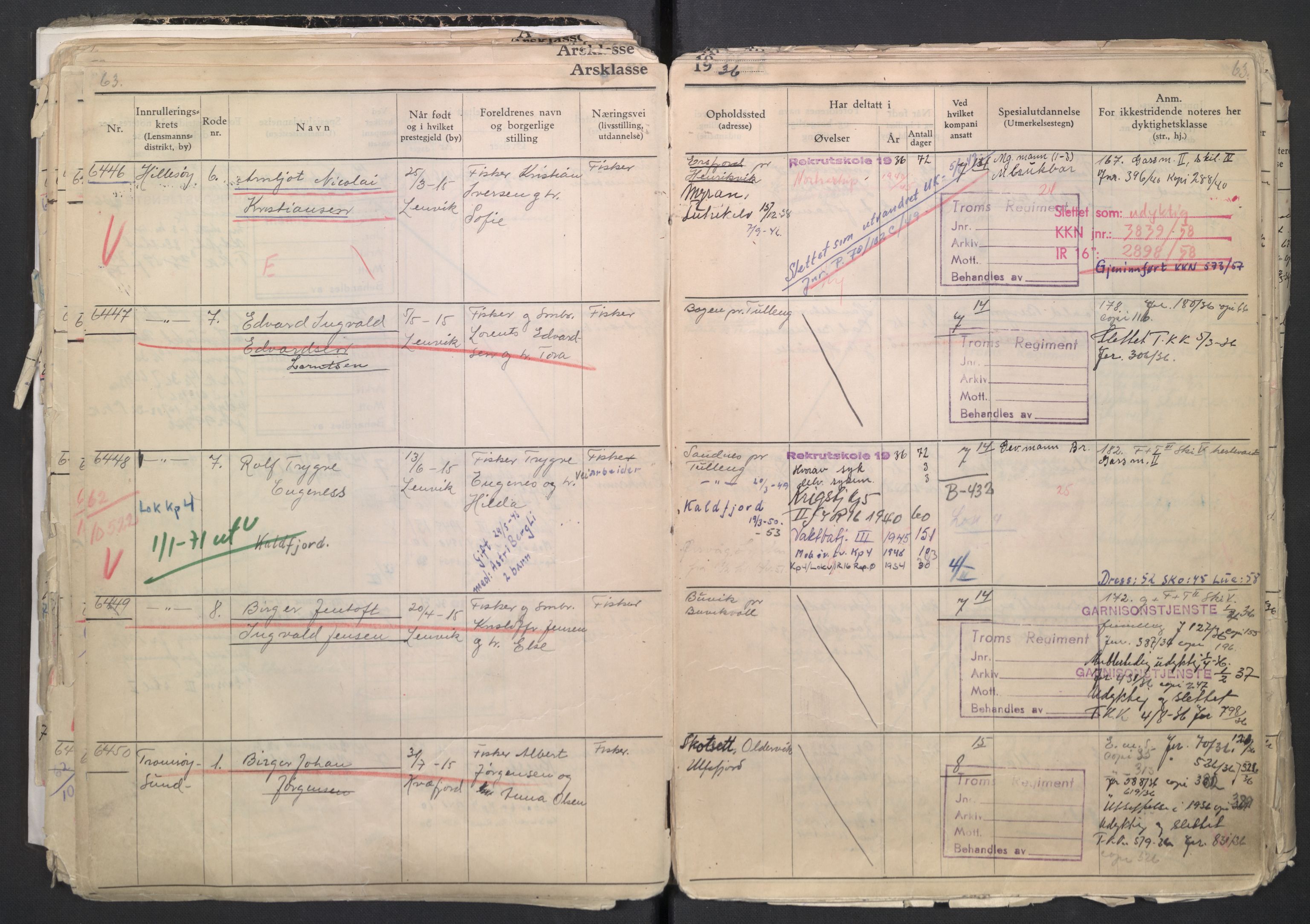 Forsvaret, Troms infanteriregiment nr. 16, AV/RA-RAFA-3146/P/Pa/L0007/0001: Ruller / Rulle for regimentets menige mannskaper, årsklasse 1936, 1936, s. 63