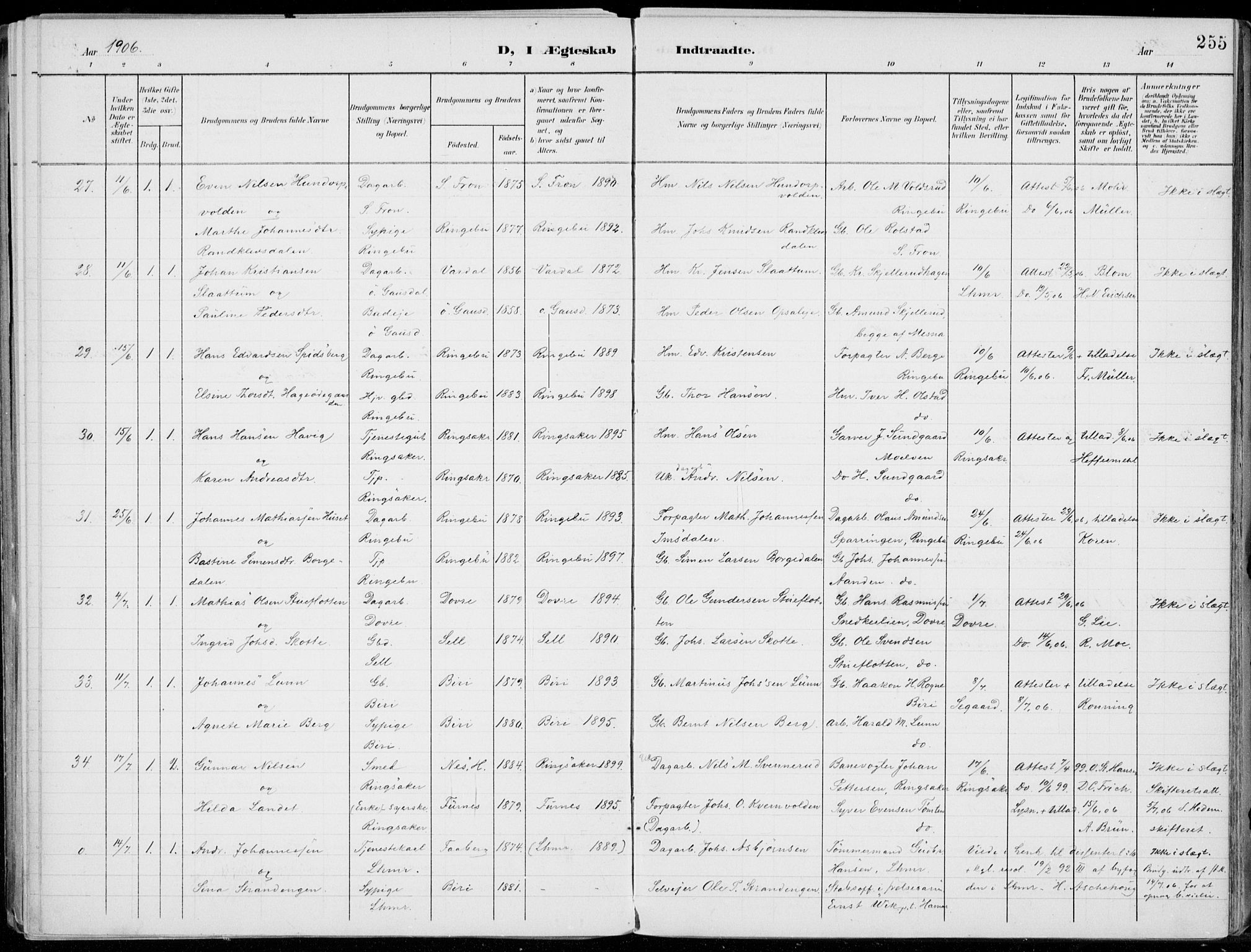 Lillehammer prestekontor, AV/SAH-PREST-088/H/Ha/Haa/L0001: Ministerialbok nr. 1, 1901-1916, s. 255