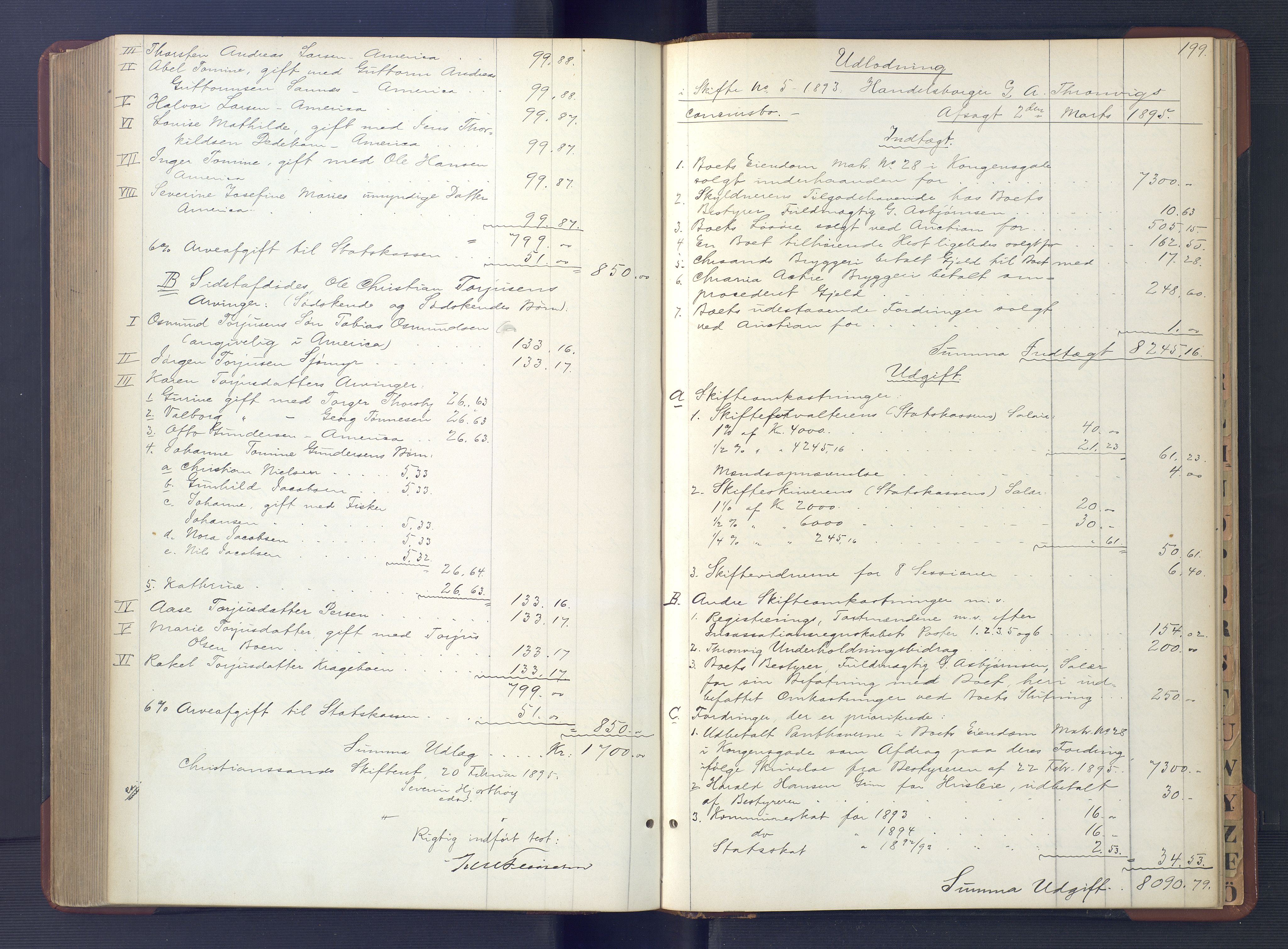 Kristiansand byrett, AV/SAK-1223-0001/H/Hc/L0058: Skifteutlodningsprotokoll nr. 4, med register, 1887-1894, s. 199