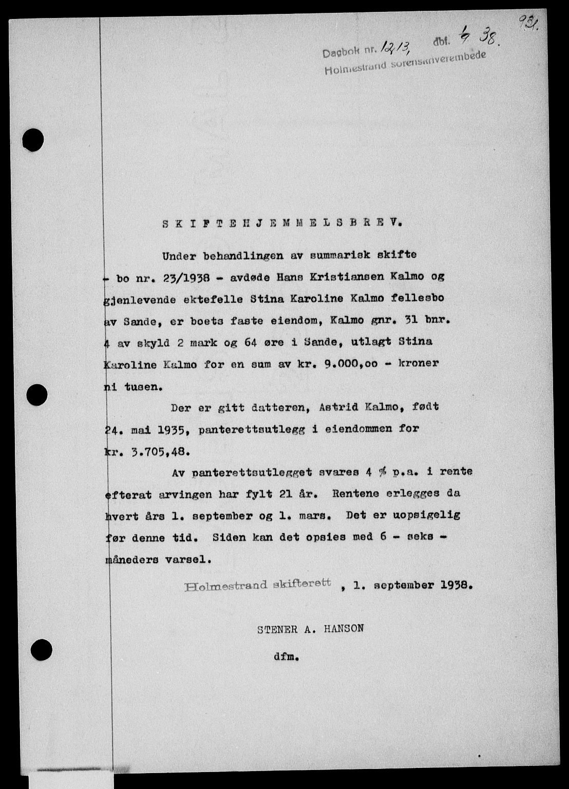 Holmestrand sorenskriveri, SAKO/A-67/G/Ga/Gaa/L0049: Pantebok nr. A-49, 1937-1938, Dagboknr: 1213/1938
