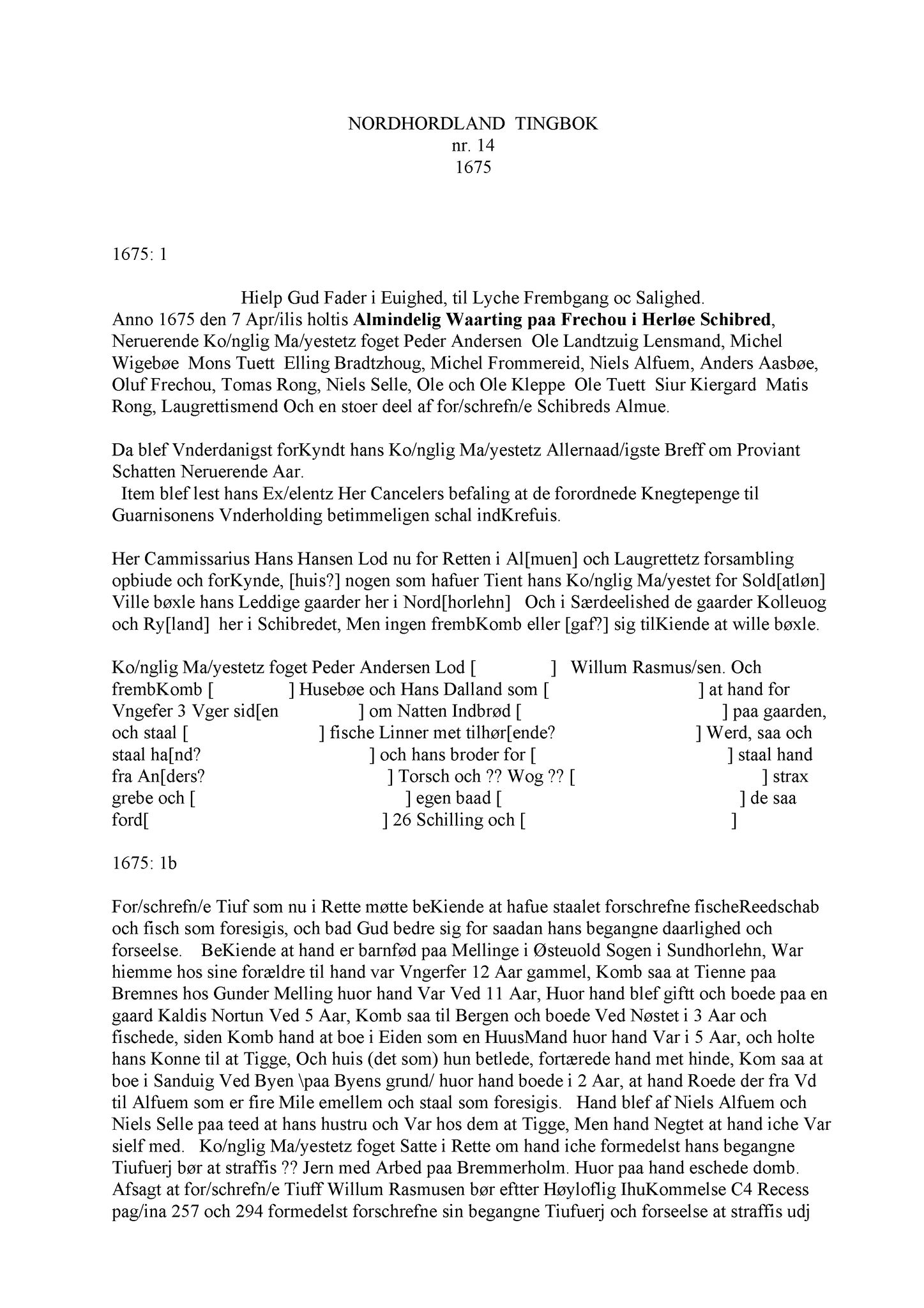 Samling av fulltekstavskrifter, SAB/FULLTEKST/A/12/0116: Nordhordland sorenskriveri, tingbok nr. A 14, 1675