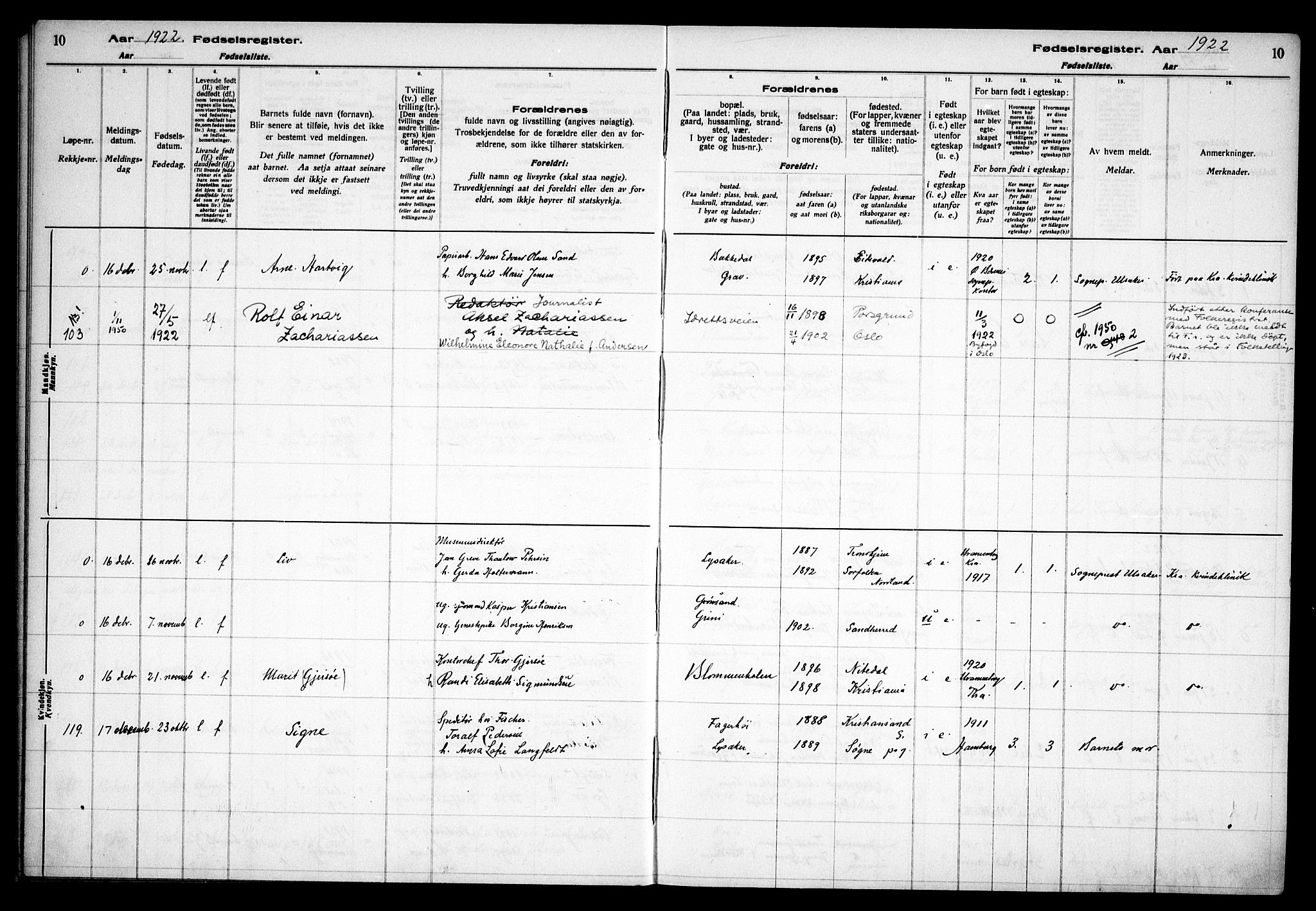 Østre Bærum prestekontor Kirkebøker, AV/SAO-A-10887/J/Ja/L0002: Fødselsregister nr. 2, 1922-1928, s. 10