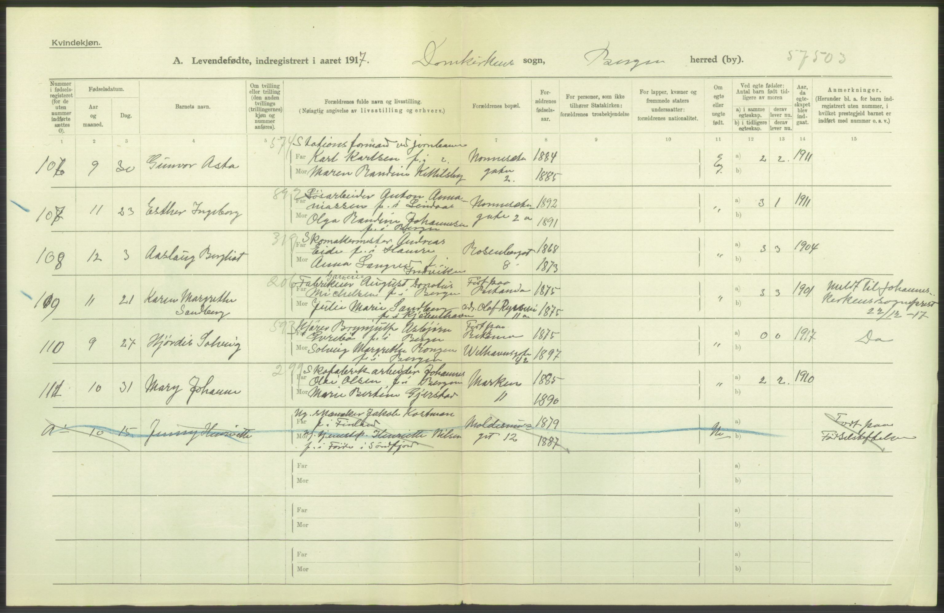 Statistisk sentralbyrå, Sosiodemografiske emner, Befolkning, AV/RA-S-2228/D/Df/Dfb/Dfbg/L0037: Bergen: Levendefødte menn og kvinner., 1917, s. 2