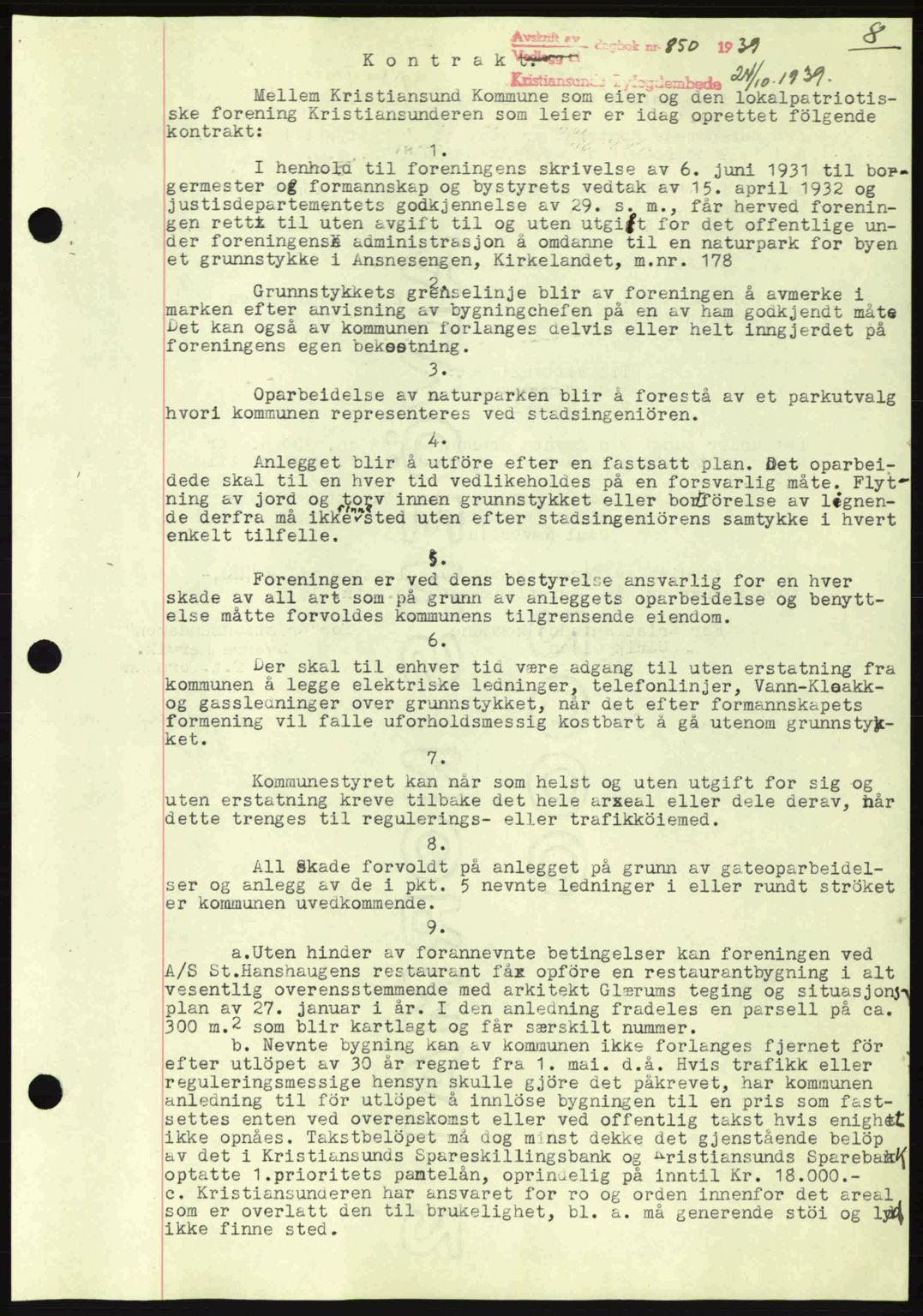 Kristiansund byfogd, AV/SAT-A-4587/A/27: Pantebok nr. 33, 1939-1941, Dagboknr: 850/1939