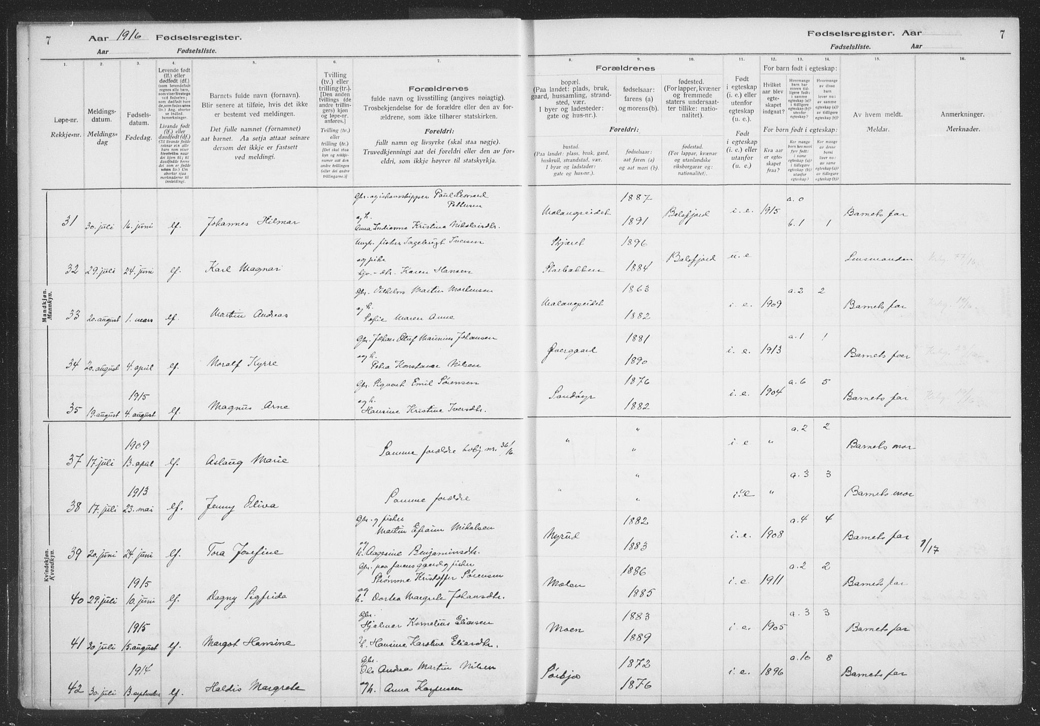 Balsfjord sokneprestembete, AV/SATØ-S-1303/H/Hb/L0059: Fødselsregister nr. 59, 1916-1930, s. 7