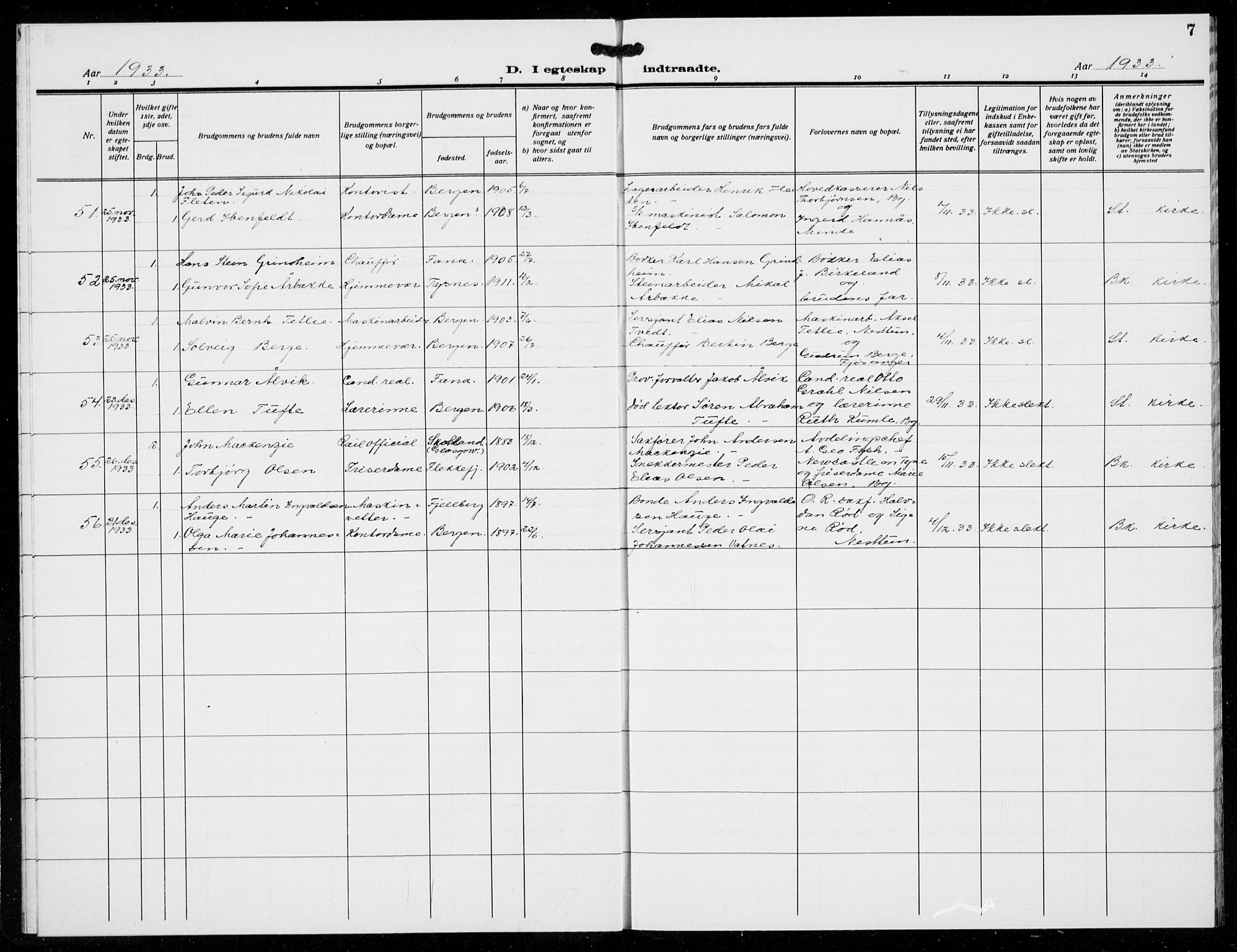 Birkeland Sokneprestembete, AV/SAB-A-74601/H/Hab: Klokkerbok nr. A 11, 1932-1939, s. 7