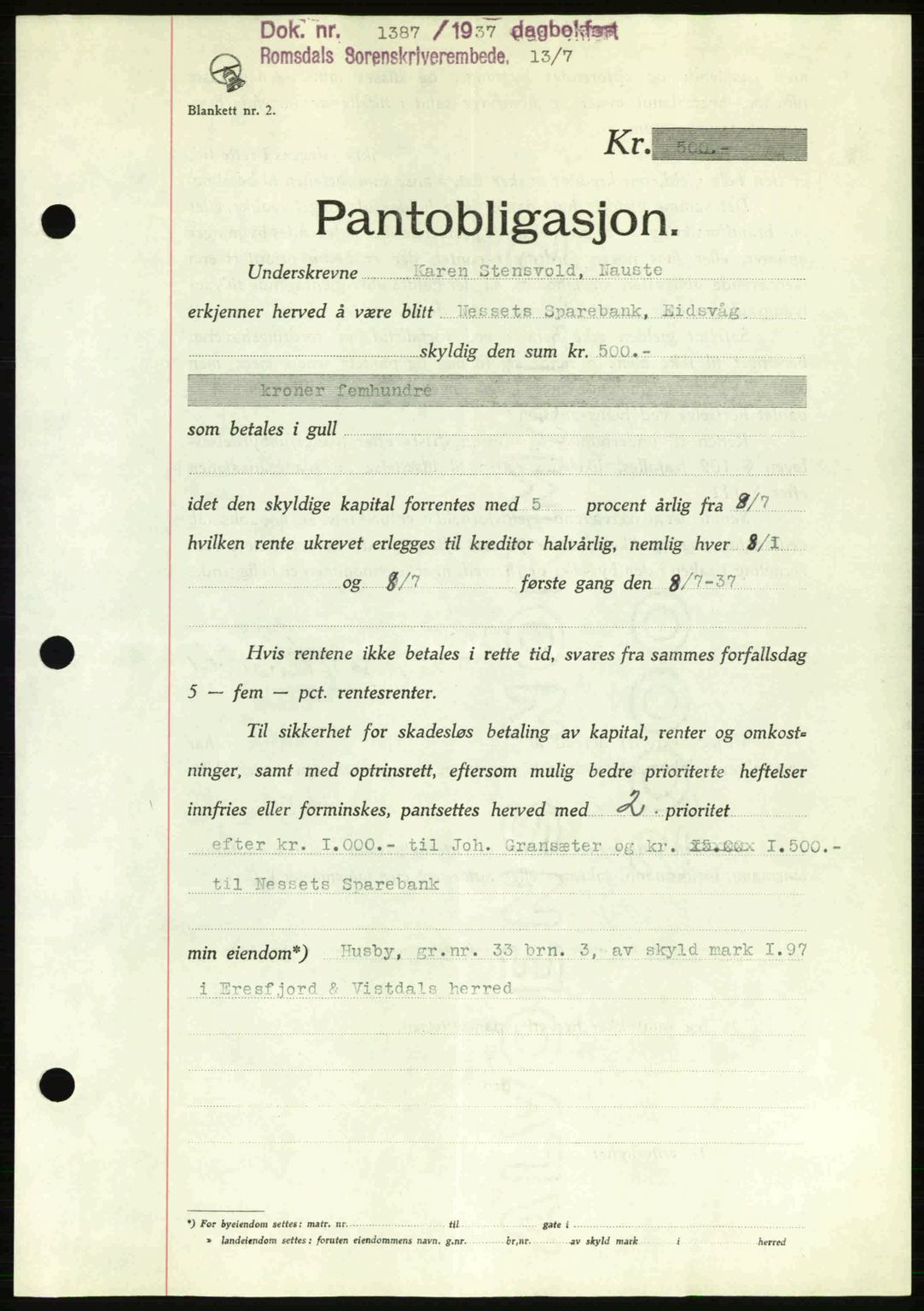 Romsdal sorenskriveri, SAT/A-4149/1/2/2C: Pantebok nr. B1, 1936-1939, Dagboknr: 1387/1937
