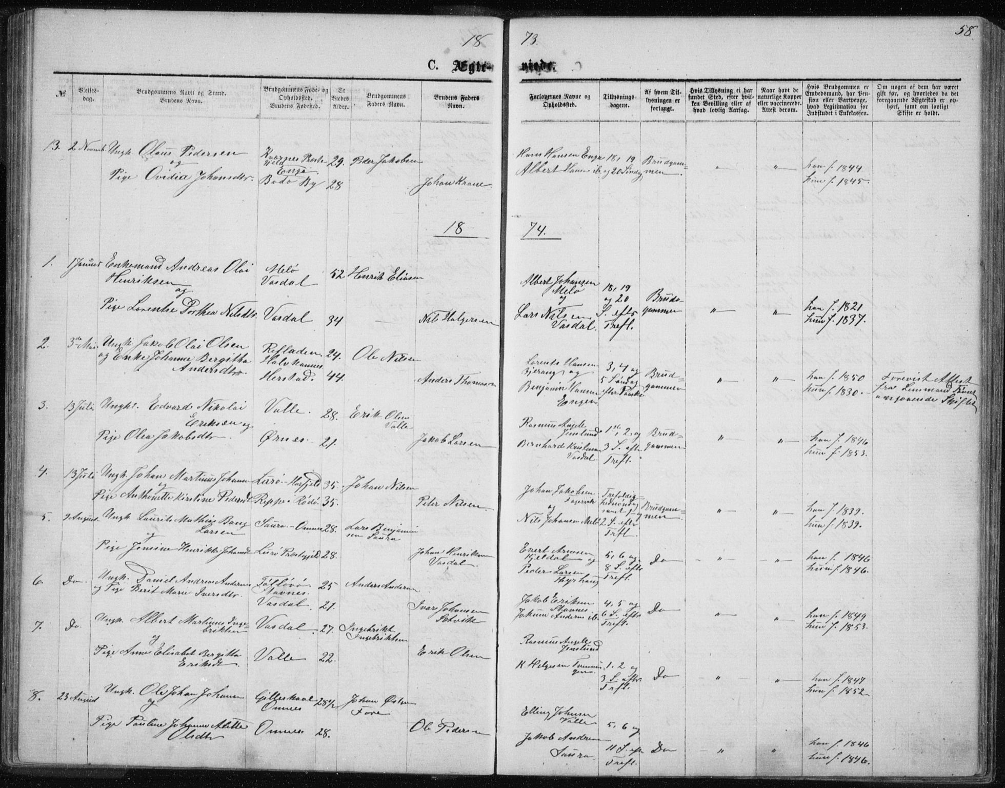 Ministerialprotokoller, klokkerbøker og fødselsregistre - Nordland, SAT/A-1459/843/L0635: Klokkerbok nr. 843C04, 1872-1887, s. 58