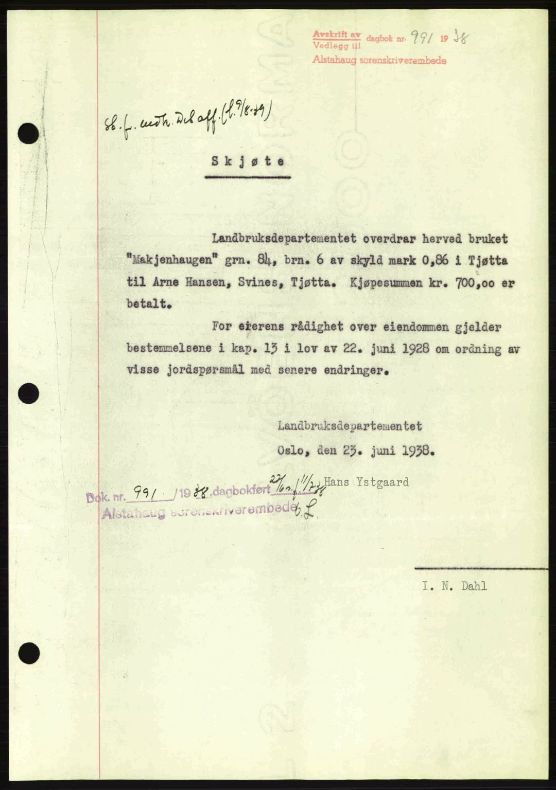 Alstahaug sorenskriveri, SAT/A-1009: Pantebok nr. A3, 1937-1938, Dagboknr: 991/1938