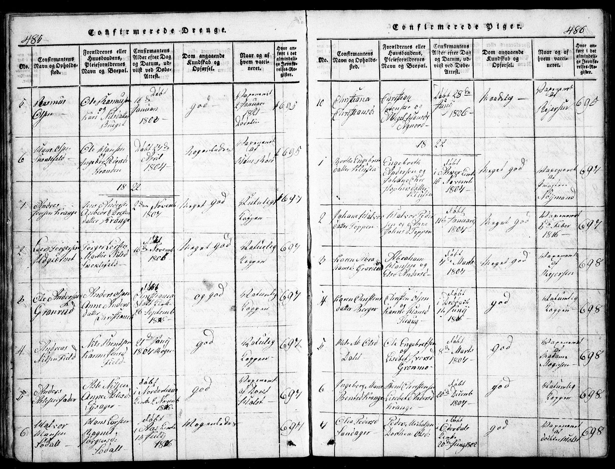 Nesodden prestekontor Kirkebøker, SAO/A-10013/G/Ga/L0001: Klokkerbok nr. I 1, 1814-1847, s. 485-486