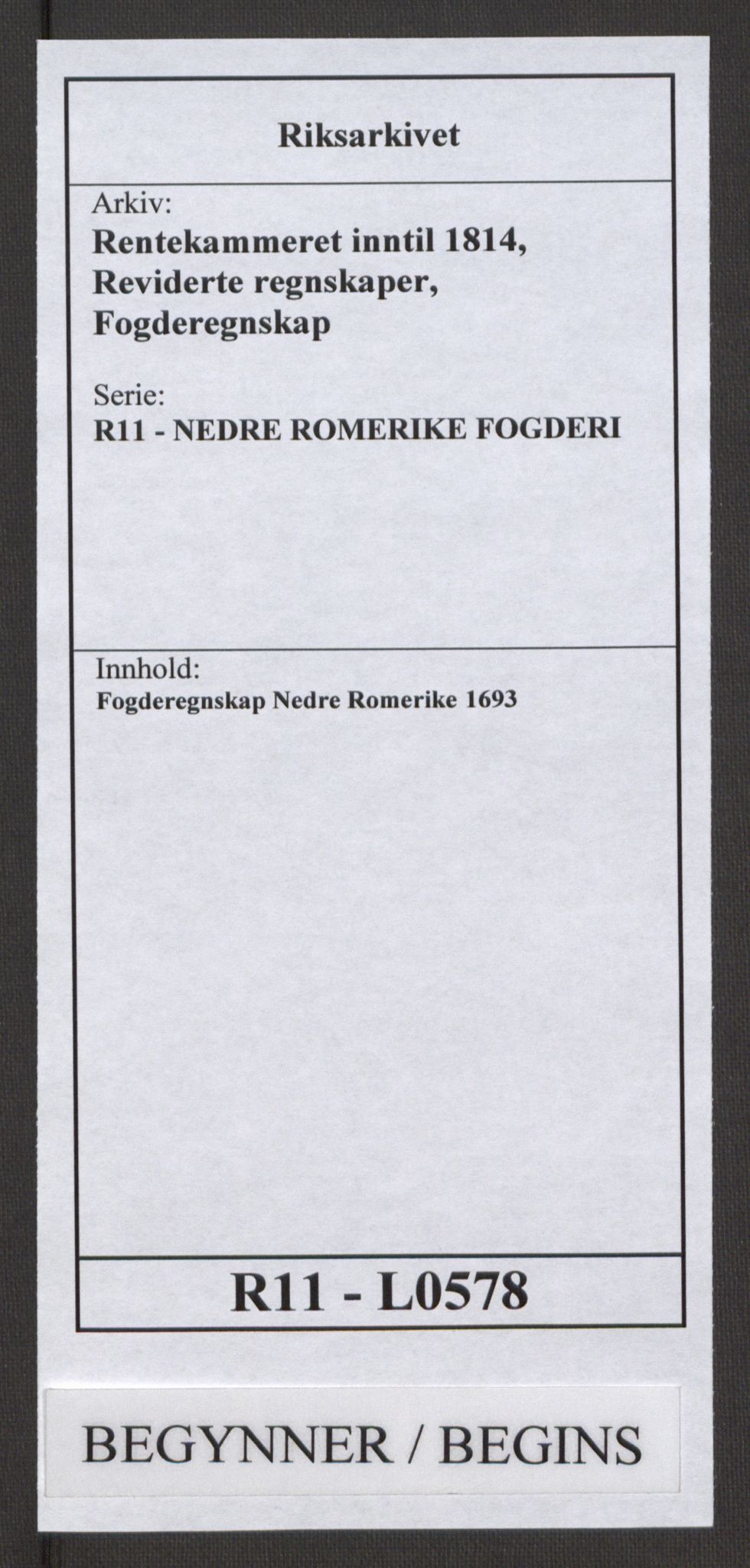 Rentekammeret inntil 1814, Reviderte regnskaper, Fogderegnskap, RA/EA-4092/R11/L0578: Fogderegnskap Nedre Romerike, 1693, s. 1