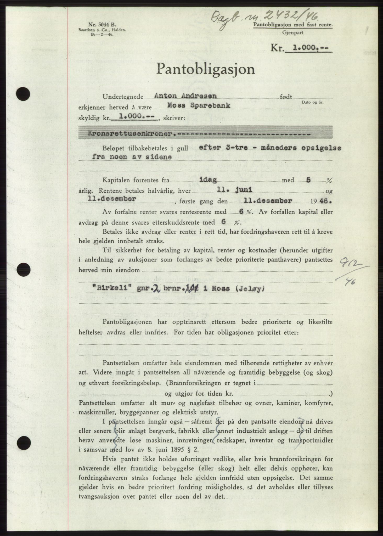 Moss sorenskriveri, SAO/A-10168: Pantebok nr. B16, 1946-1947, Dagboknr: 2432/1946