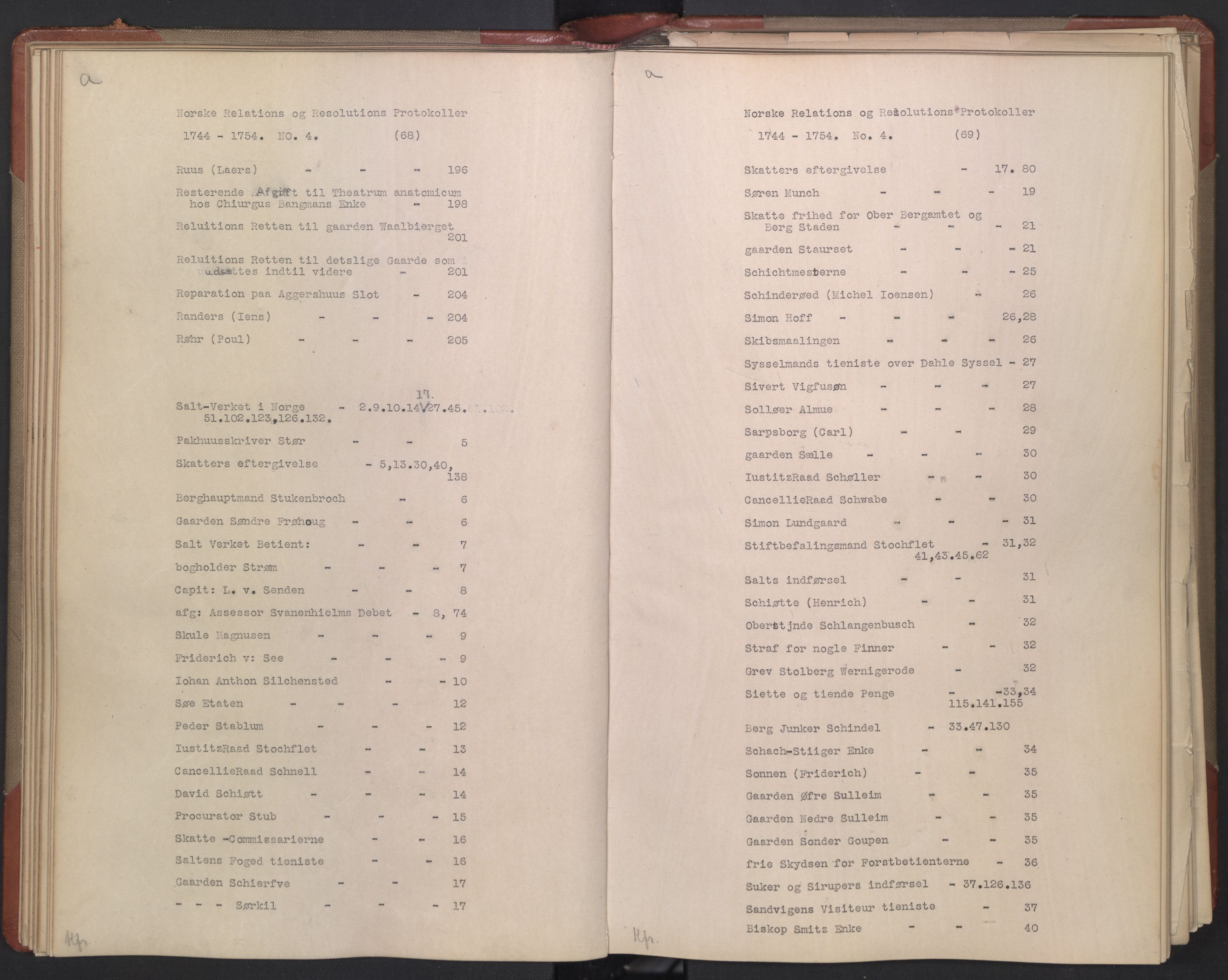 Avskriftsamlingen, AV/RA-EA-4022/F/Fb/L0118: Registratur over norske Relasjons- og resolusjonsprotokoller, 1744-1754, s. 38