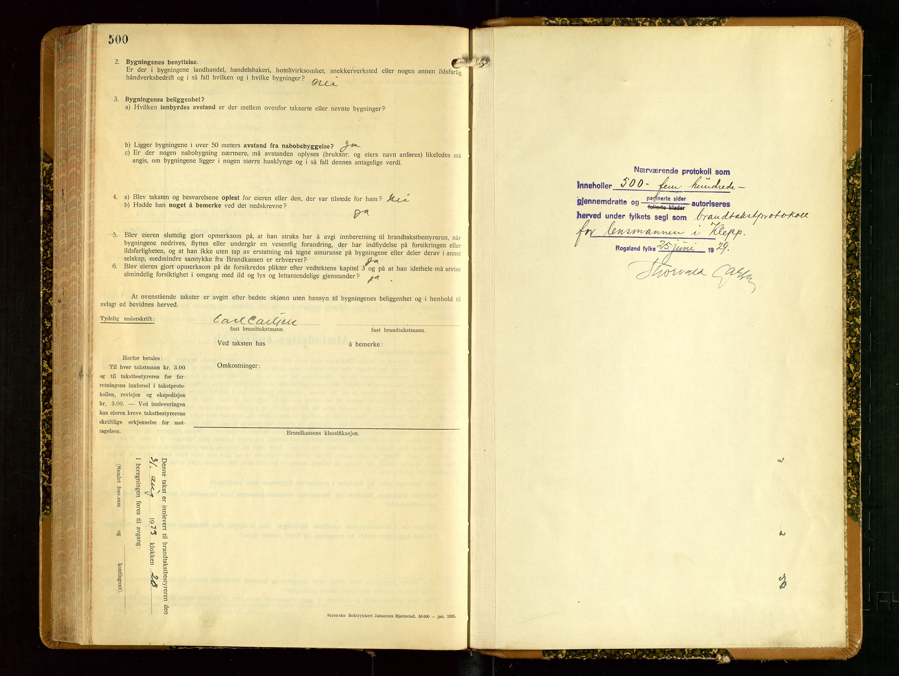 Klepp lensmannskontor, SAST/A-100163/Goc/L0012: "Brandtakstprotokoll" m/register, 1929-1933, s. 500