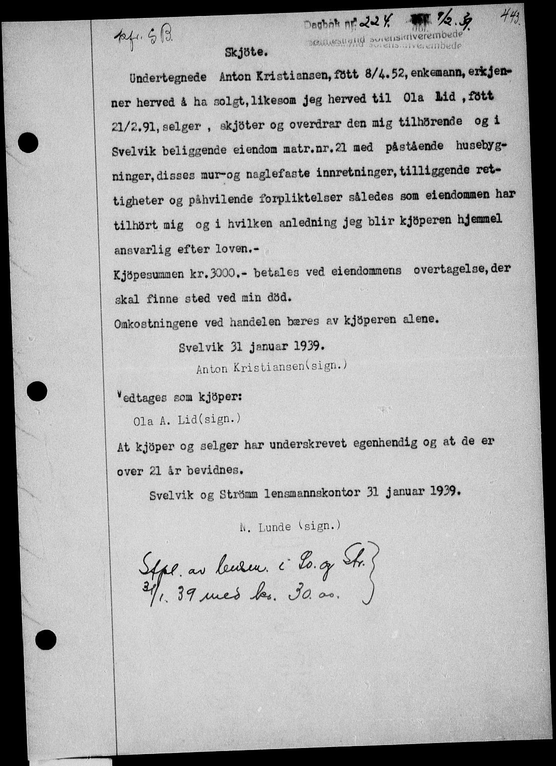 Holmestrand sorenskriveri, SAKO/A-67/G/Ga/Gaa/L0050: Pantebok nr. A-50, 1938-1939, Dagboknr: 224/1939