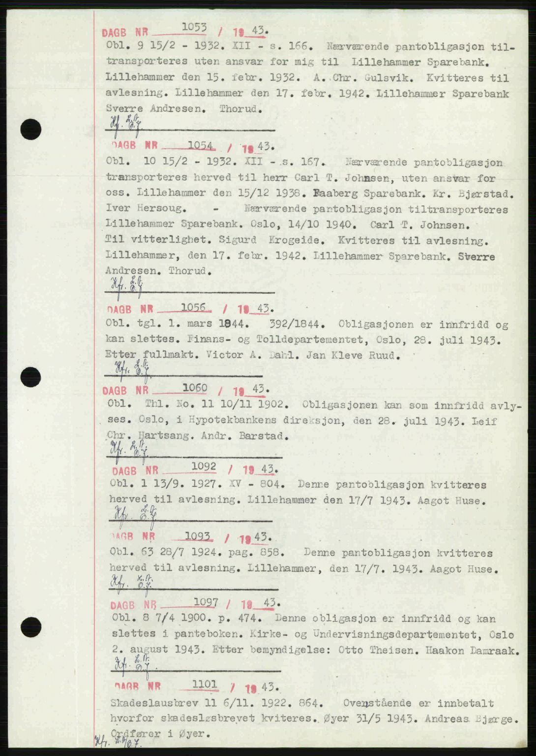 Sør-Gudbrandsdal tingrett, SAH/TING-004/H/Hb/Hbf/L0002: Pantebok nr. C1, 1938-1951, Dagboknr: 1053/1943