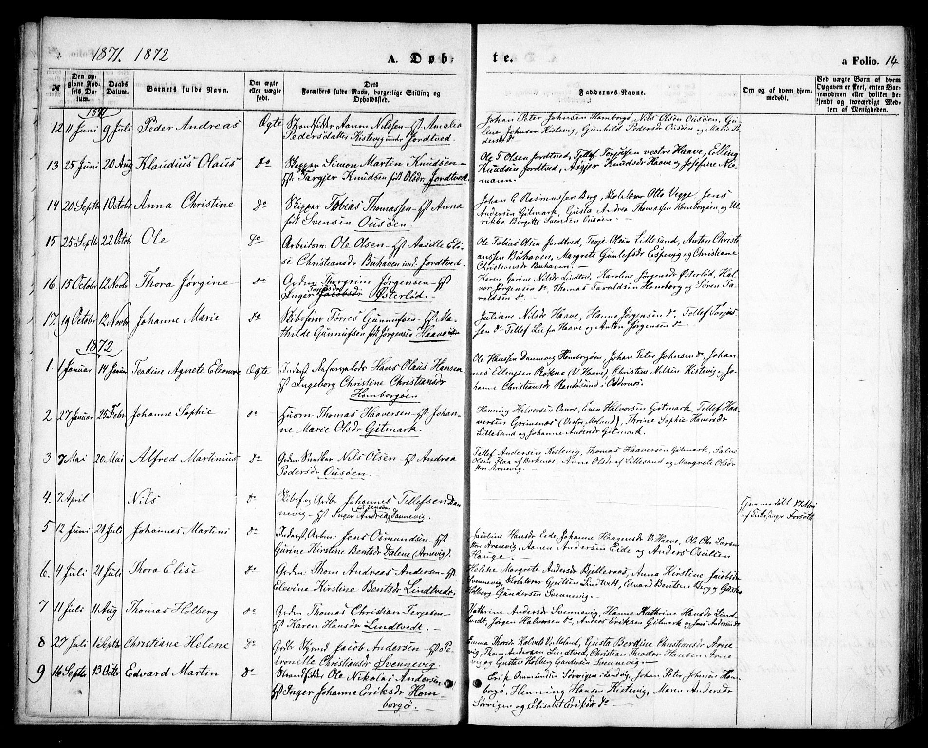 Hommedal sokneprestkontor, AV/SAK-1111-0023/F/Fa/Faa/L0002: Ministerialbok nr. A 2, 1861-1884, s. 14