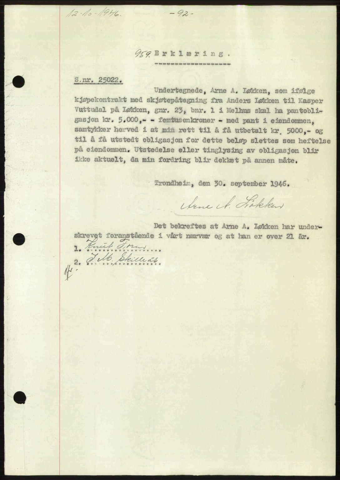 Gauldal sorenskriveri, SAT/A-0014/1/2/2C: Pantebok nr. A2, 1946-1946, Dagboknr: 959/1946