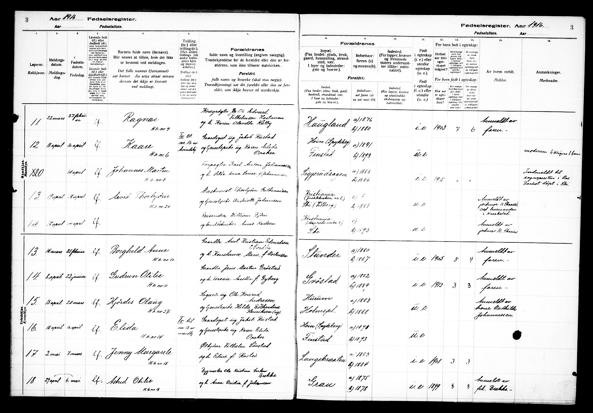 Kråkstad prestekontor Kirkebøker, AV/SAO-A-10125a/J/Jb/L0001: Fødselsregister nr. II 1, 1916-1936, s. 3