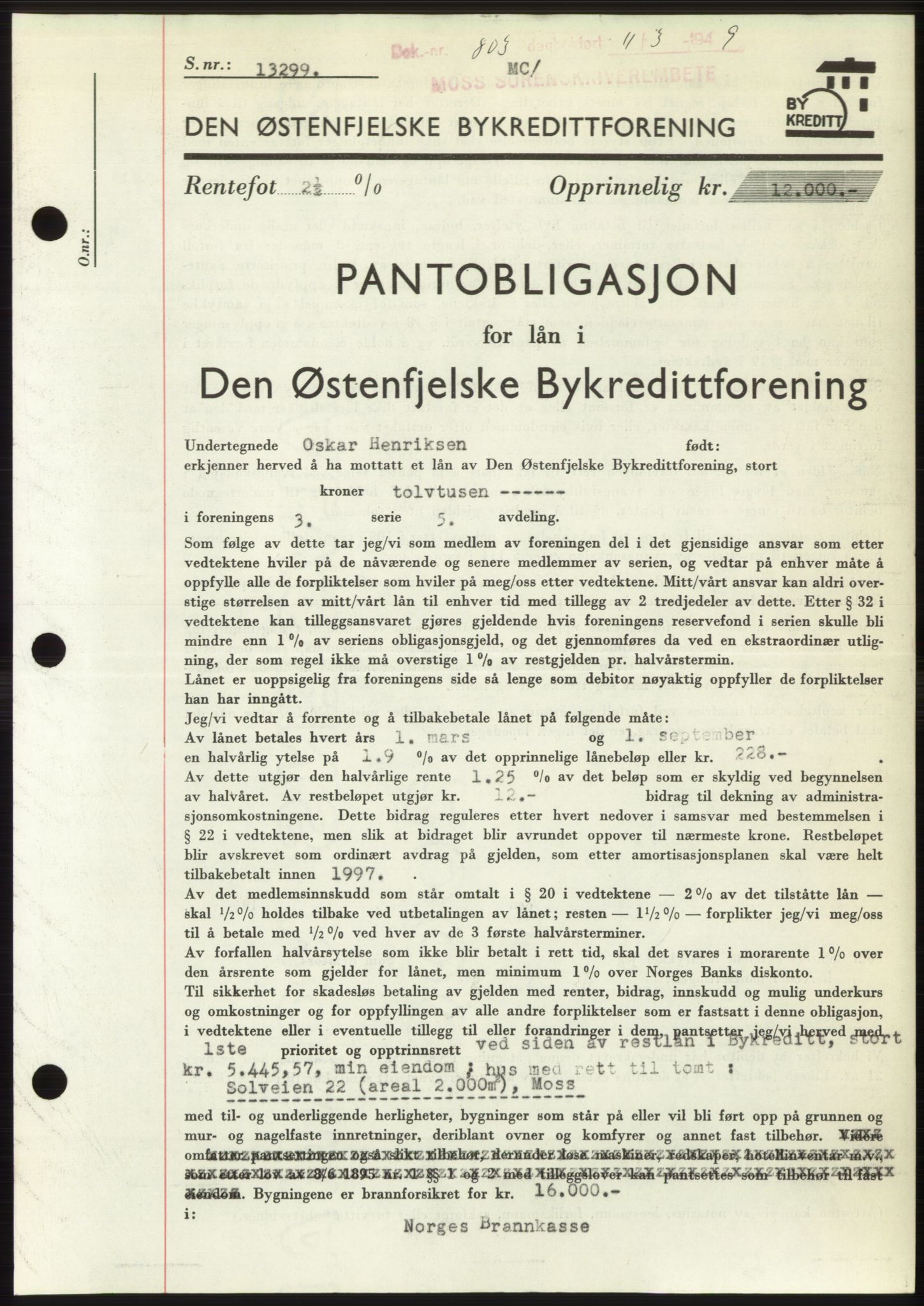 Moss sorenskriveri, SAO/A-10168: Pantebok nr. B21, 1949-1949, Dagboknr: 803/1949