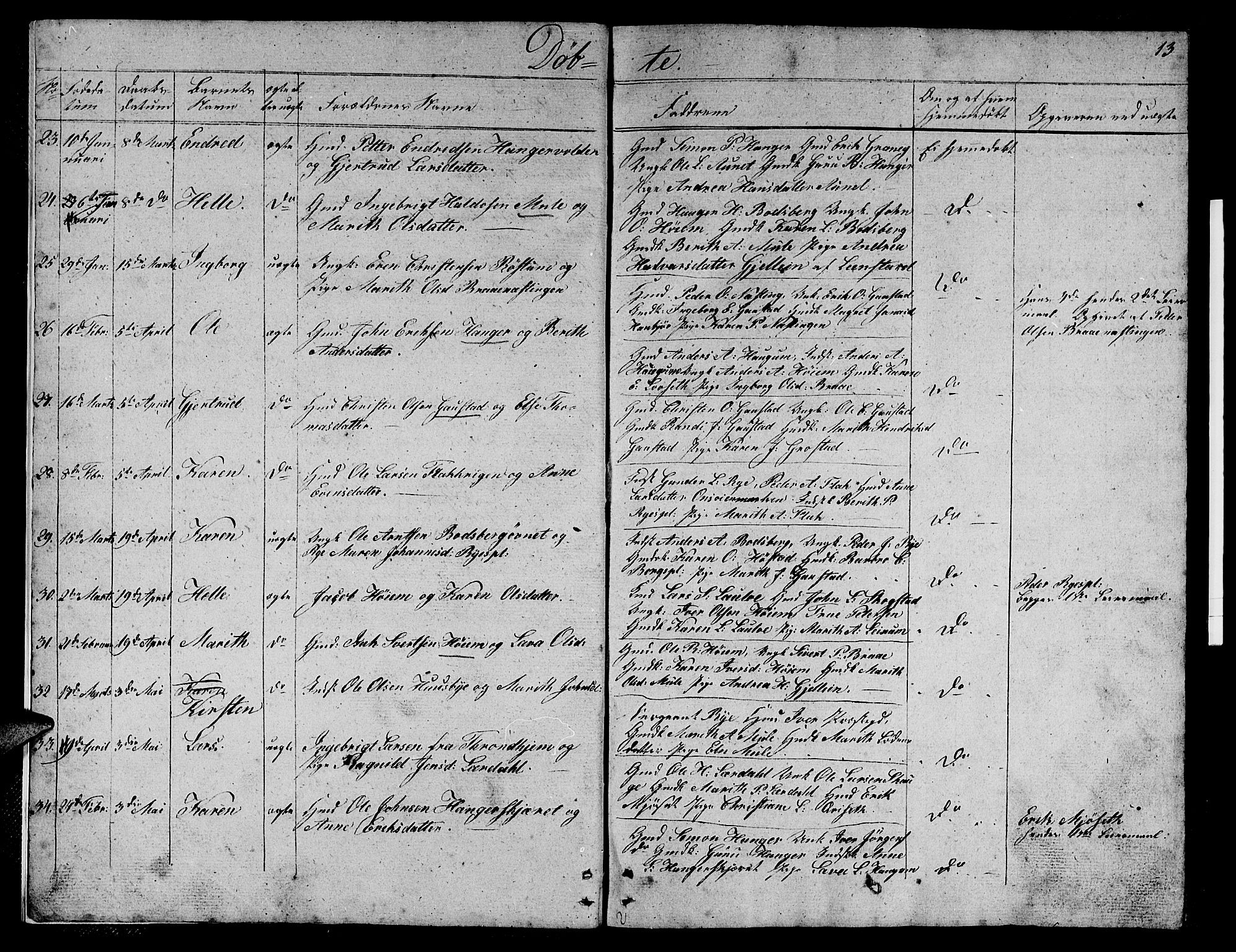 Ministerialprotokoller, klokkerbøker og fødselsregistre - Sør-Trøndelag, SAT/A-1456/612/L0386: Klokkerbok nr. 612C02, 1834-1845, s. 13