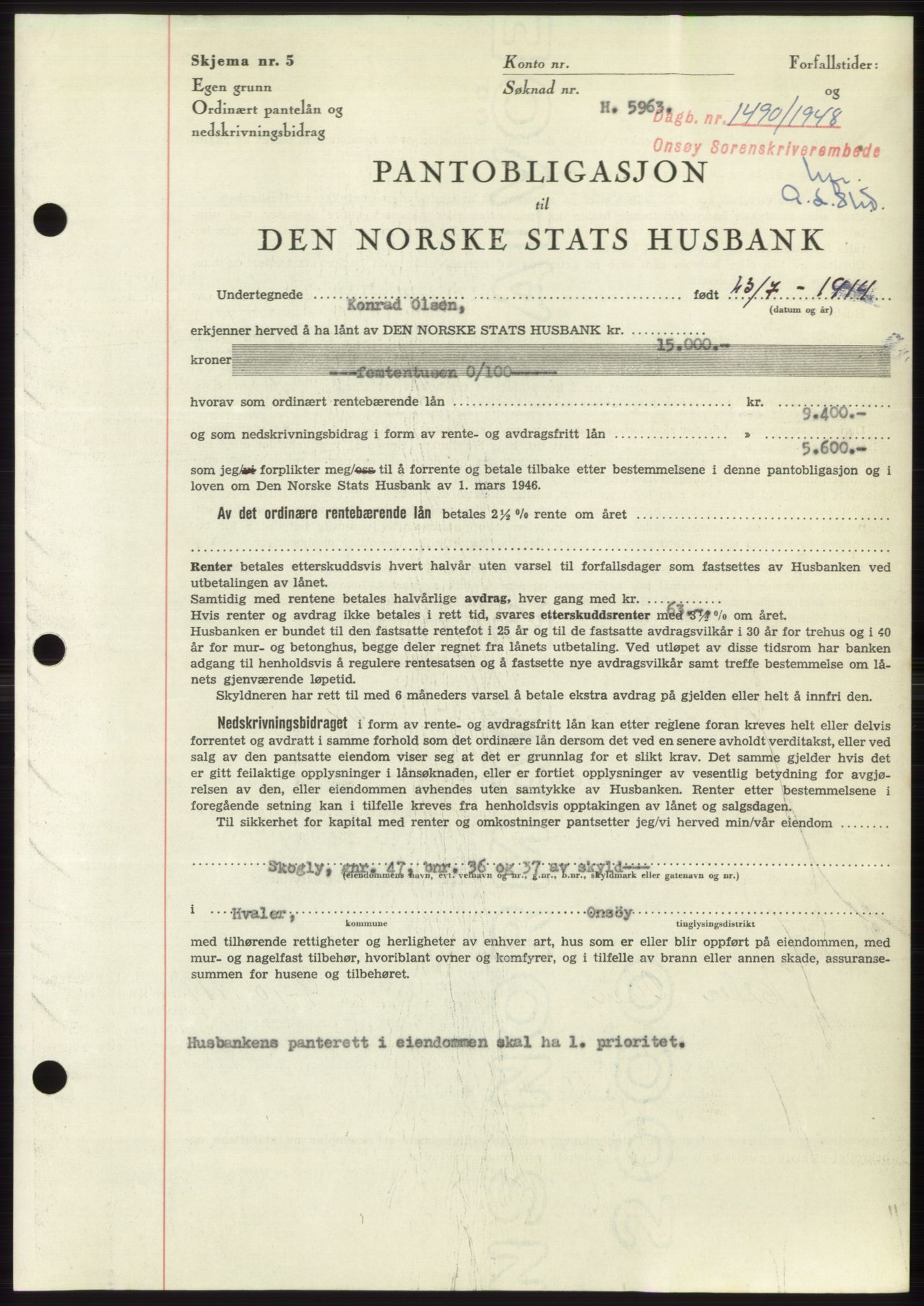 Onsøy sorenskriveri, SAO/A-10474/G/Ga/Gac/L0007: Pantebok nr. B 14-7, 1948-1948, Dagboknr: 1490/1948
