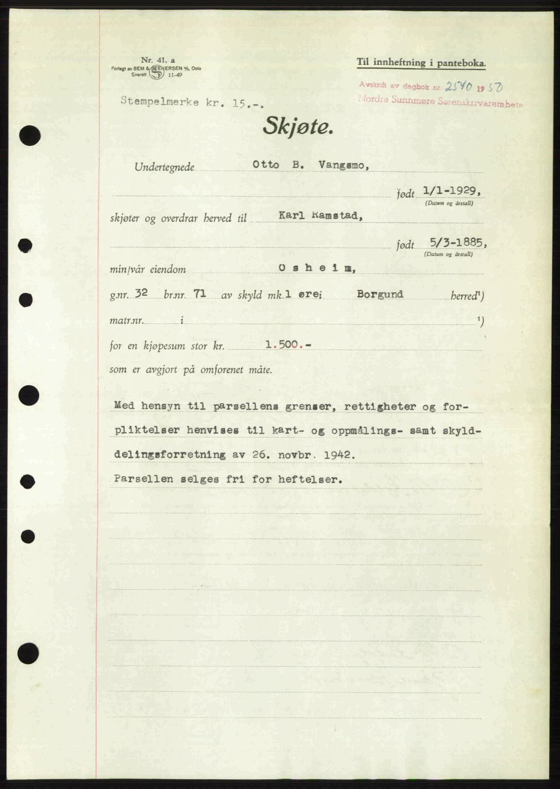 Nordre Sunnmøre sorenskriveri, AV/SAT-A-0006/1/2/2C/2Ca: Pantebok nr. A36, 1950-1950, Dagboknr: 2540/1950