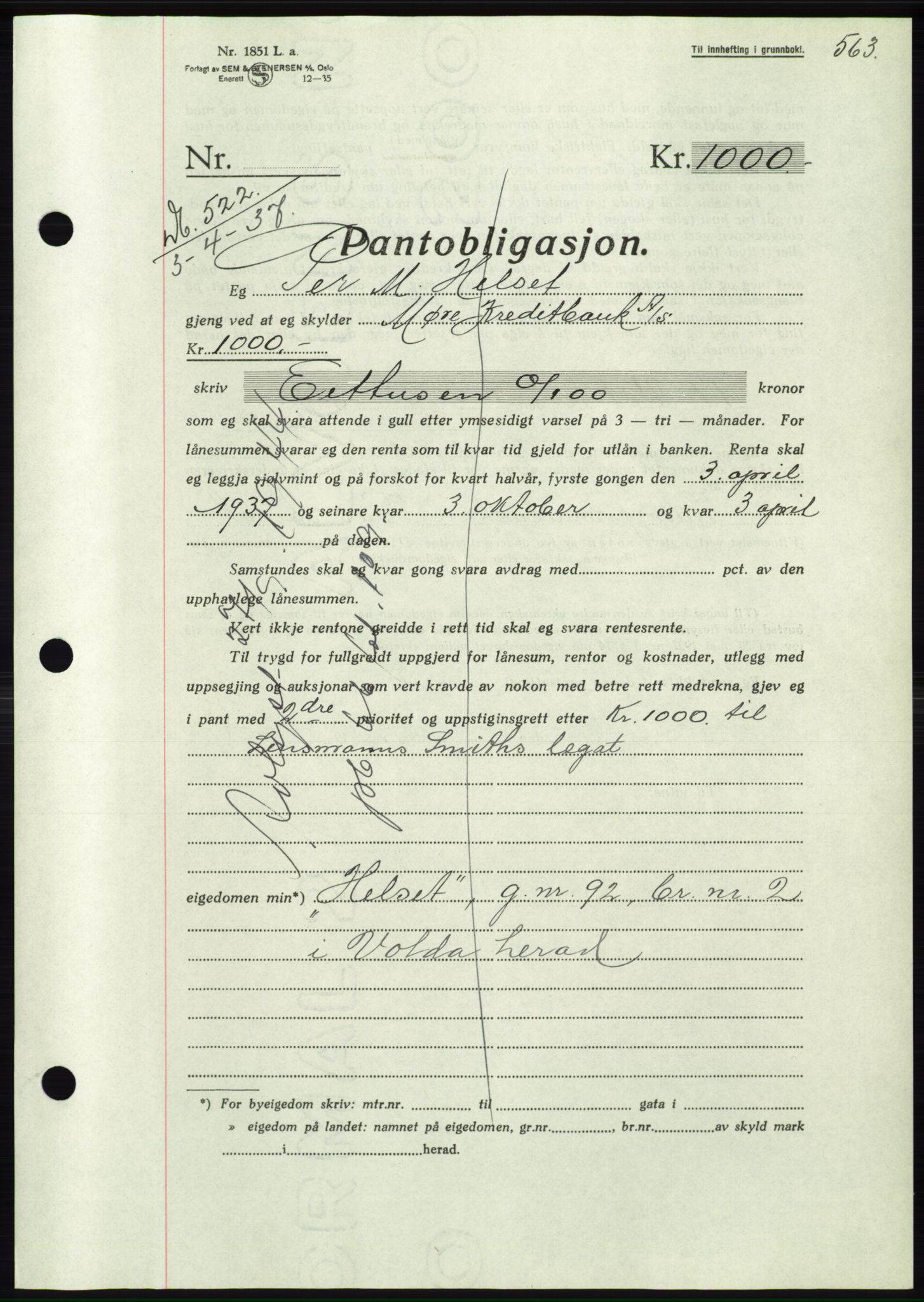 Søre Sunnmøre sorenskriveri, AV/SAT-A-4122/1/2/2C/L0062: Pantebok nr. 56, 1936-1937, Dagboknr: 522/1937