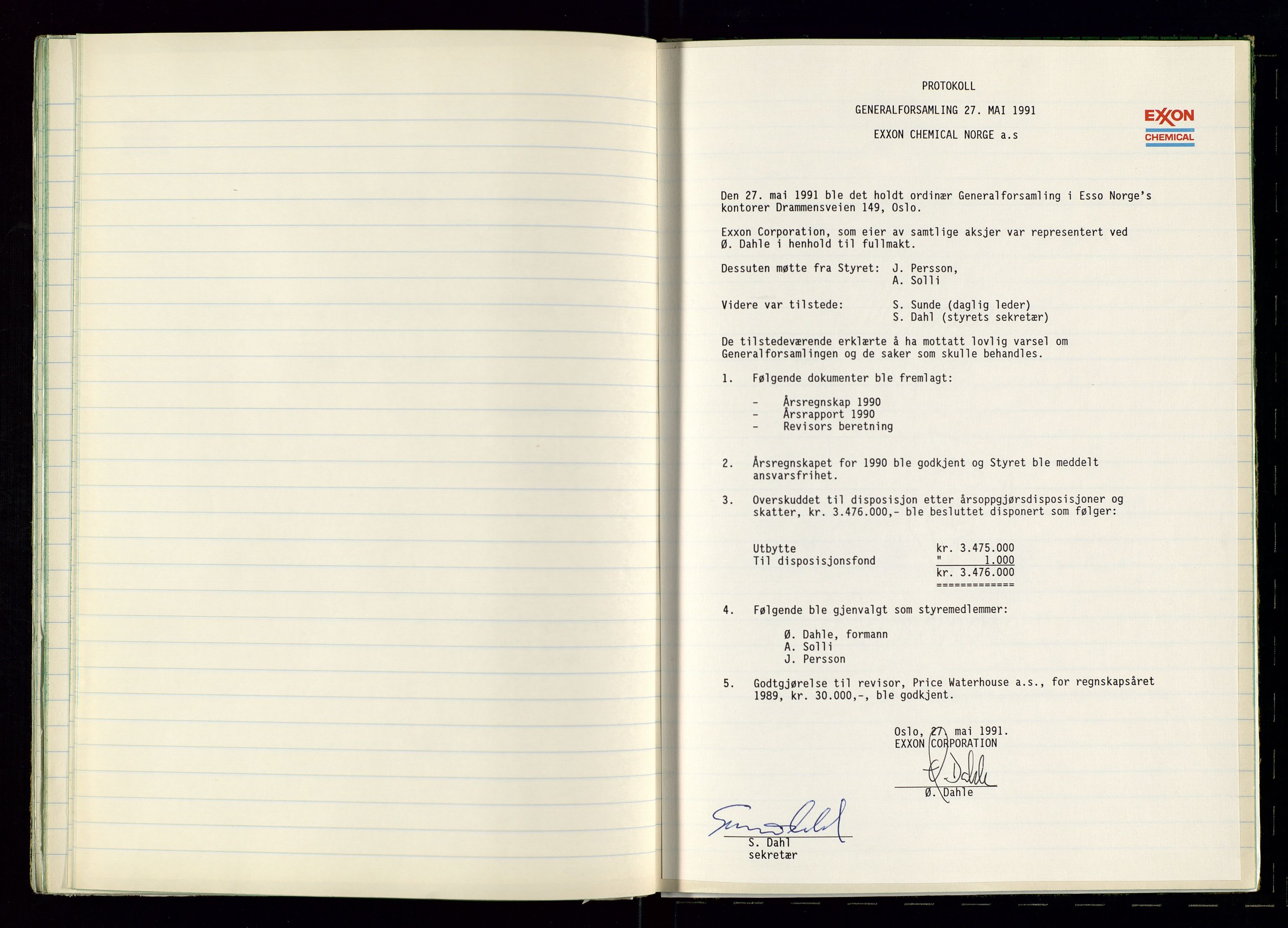 PA 1538 - Exxon Chemical Norge A/S, SAST/A-101958/A/Aa/L0001/0002: Generalforsamlinger og styreprotokoller / Protokoll for generalforsamlinger, 1966-1996