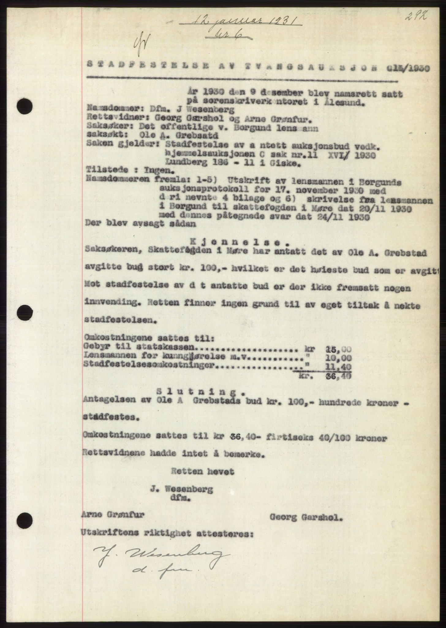 Nordre Sunnmøre sorenskriveri, SAT/A-0006/1/2/2C/2Ca/L0047: Pantebok nr. 47, 1930-1931, Tingl.dato: 12.01.1931