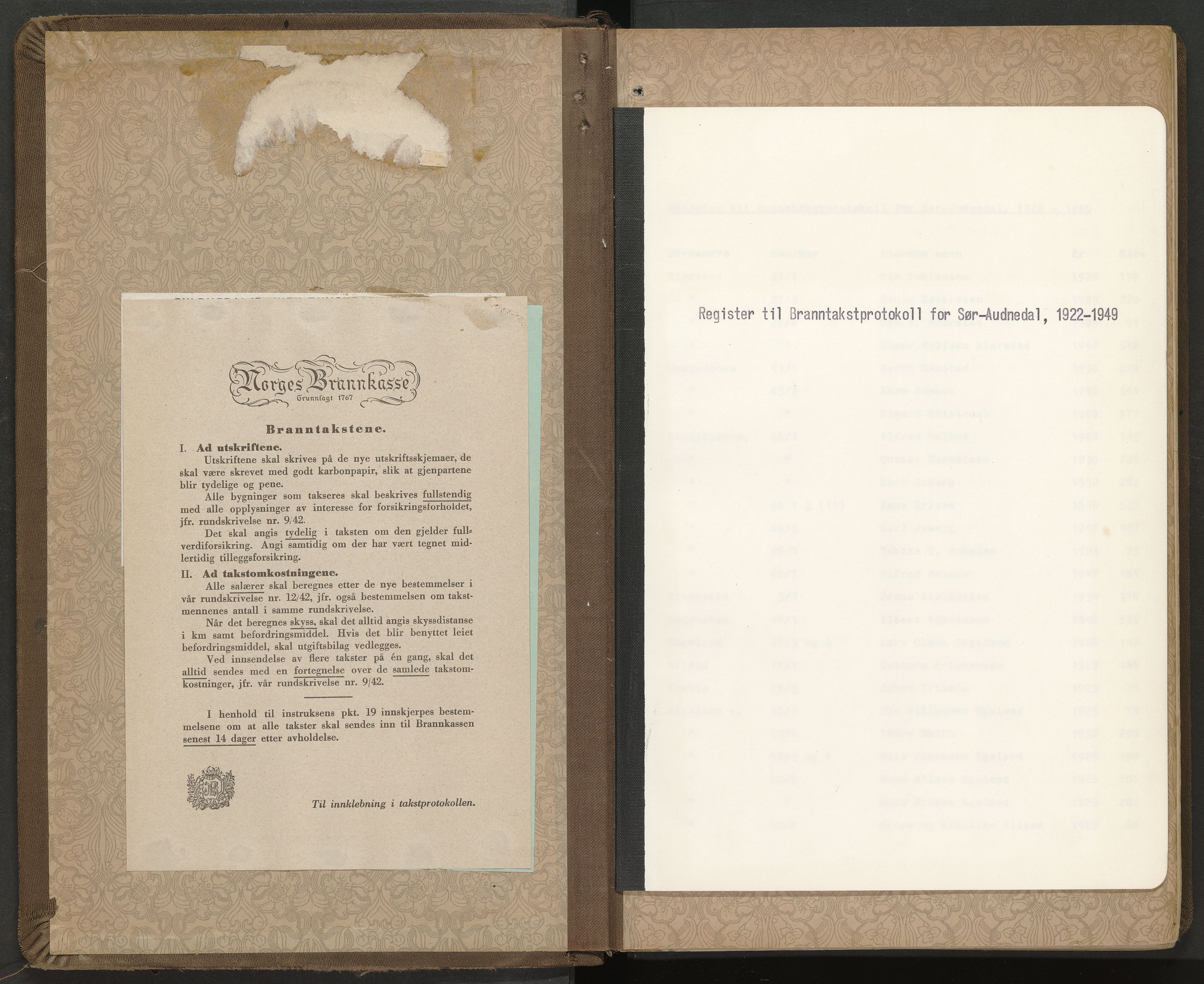 Norges Brannkasse Sør-Audnedal, AV/SAK-2241-0048/F/Fa/L0005: Branntakstprotokoll nr. 5 med gårdsnavnregister, 1922-1949
