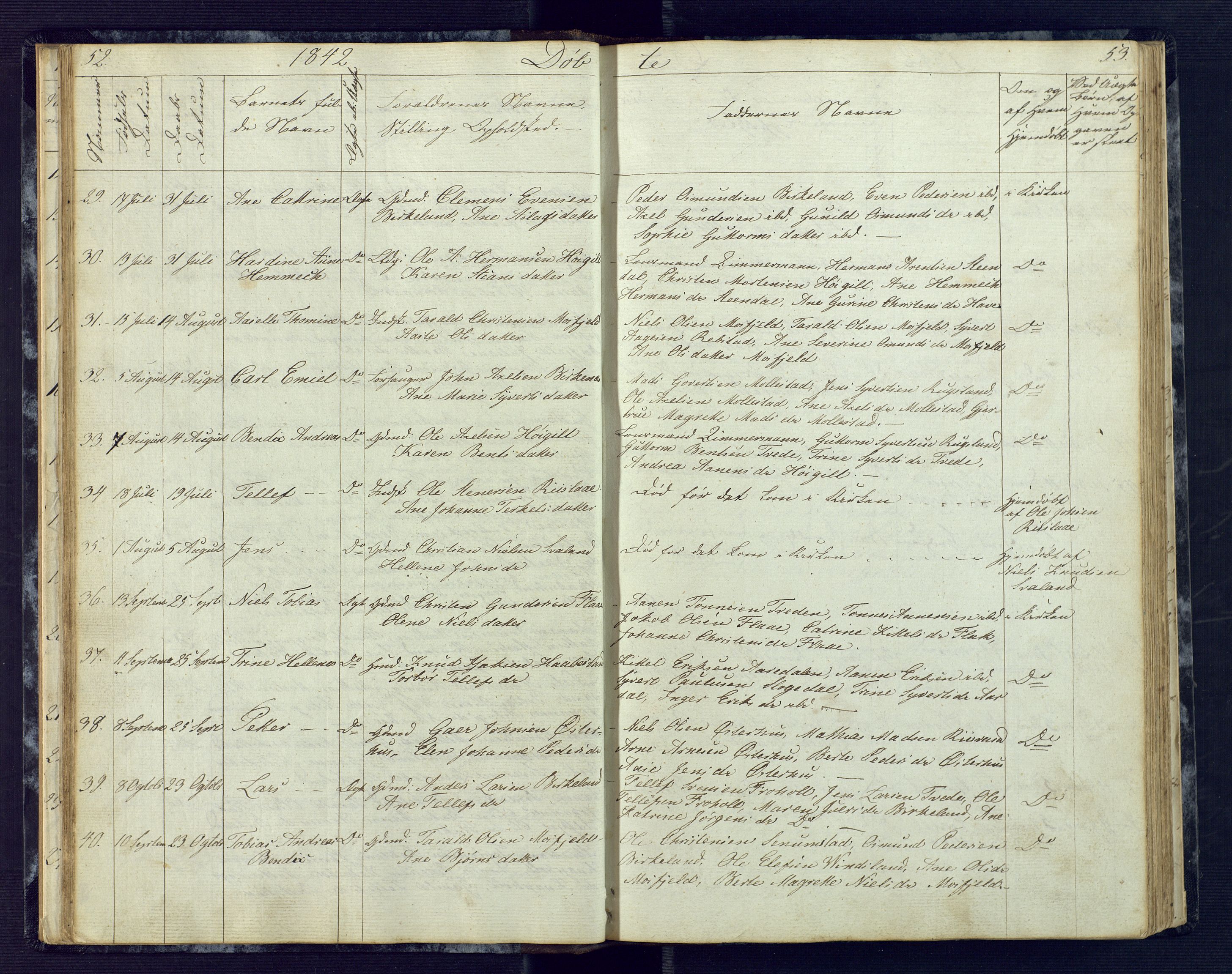 Birkenes sokneprestkontor, SAK/1111-0004/F/Fb/L0001: Klokkerbok nr. B 1, 1837-1856, s. 52-53