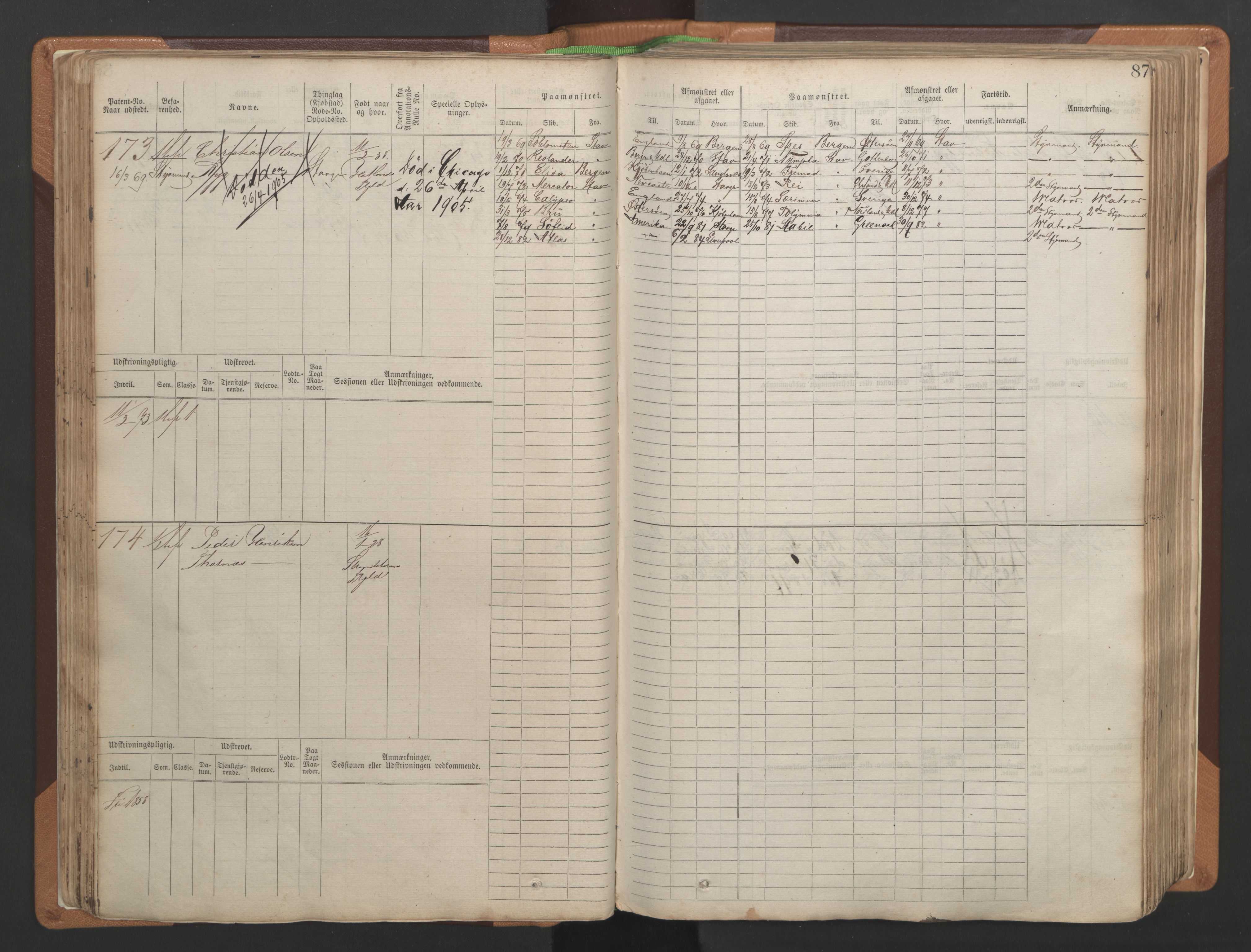 Stavanger sjømannskontor, SAST/A-102006/F/Fb/Fbb/L0004: Sjøfartshovedrulle, patentnr. 1-792 (del 1), 1869-1880, s. 91