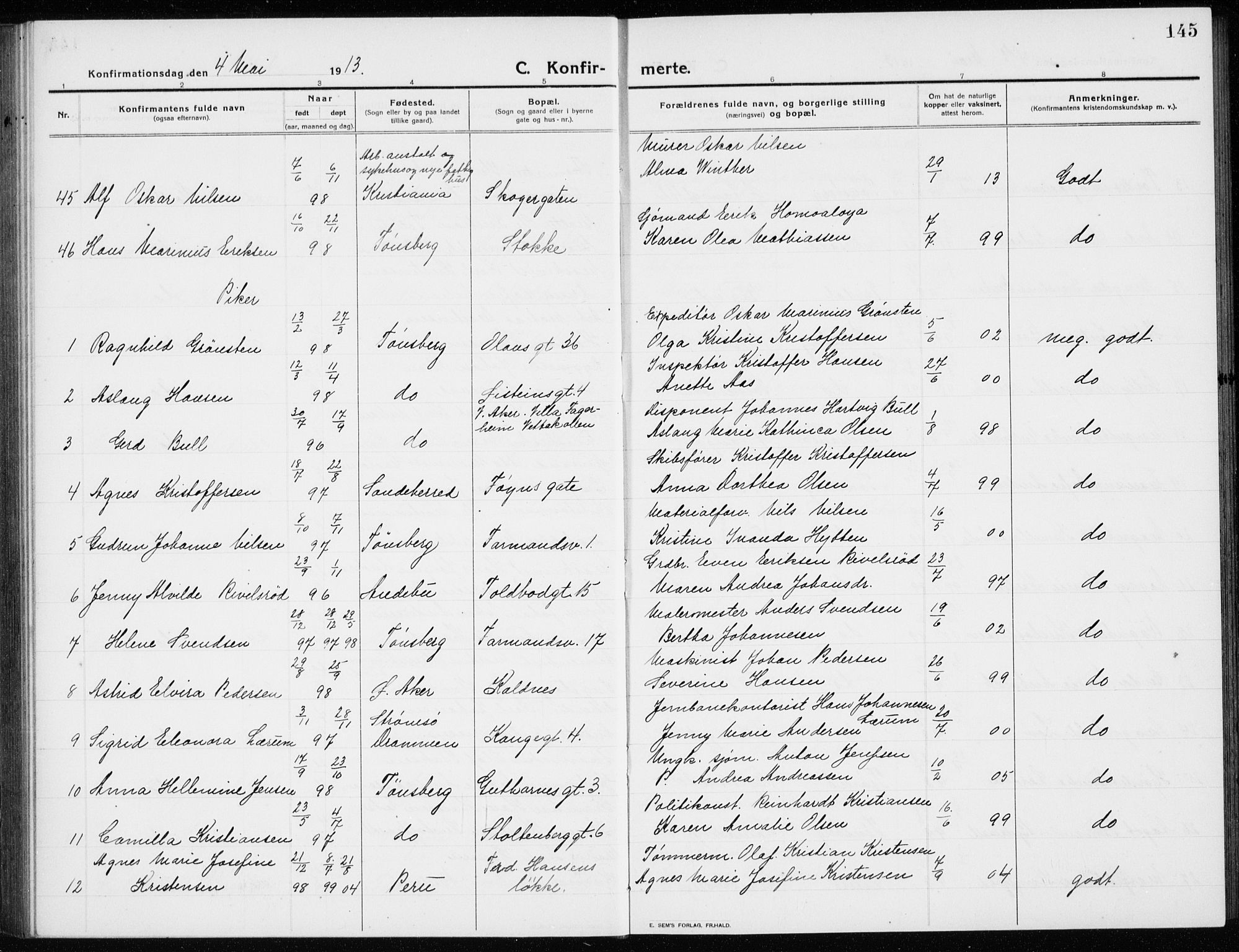 Tønsberg kirkebøker, AV/SAKO-A-330/G/Ga/L0009: Klokkerbok nr. 9, 1913-1920, s. 145