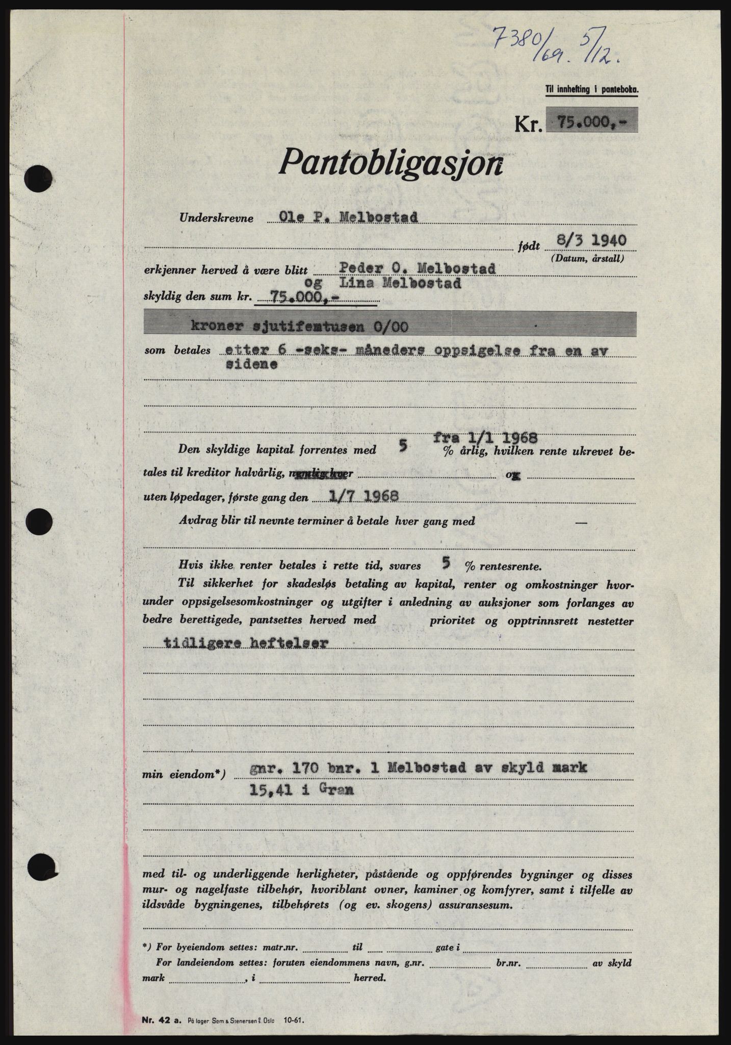 Hadeland og Land tingrett, SAH/TING-010/H/Hb/Hbc/L0075: Pantebok nr. B75, 1969-1969, Dagboknr: 7380/1969