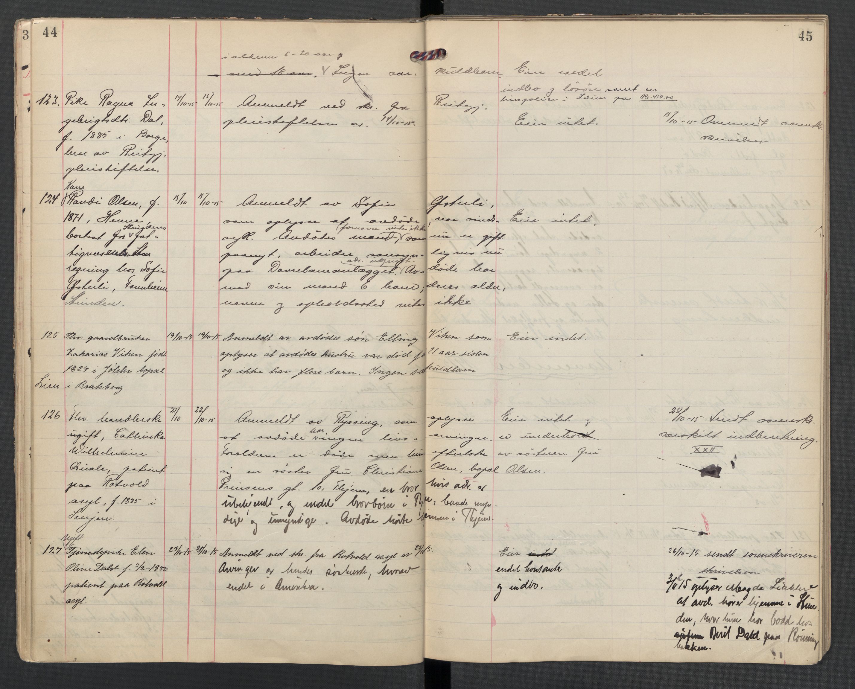 Strinda lensmannskontor, AV/SAT-A-1083/1/02/L0002: 2.01.02 Dødsfallsprotokoll, 1915-1918, s. 44-45